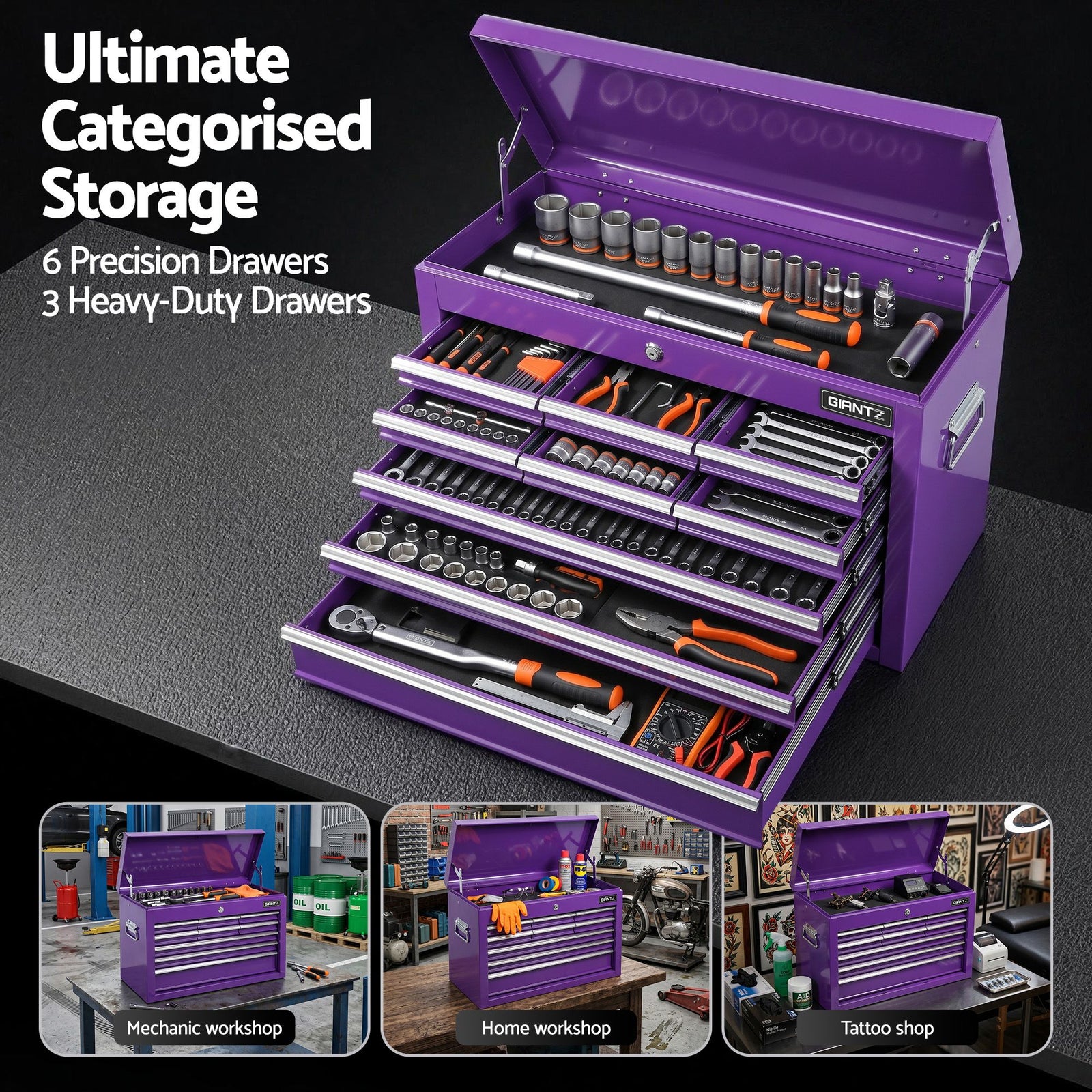 9 Drawer Tool Chest Steel Storage Cabinet Workshop Organizer Purple