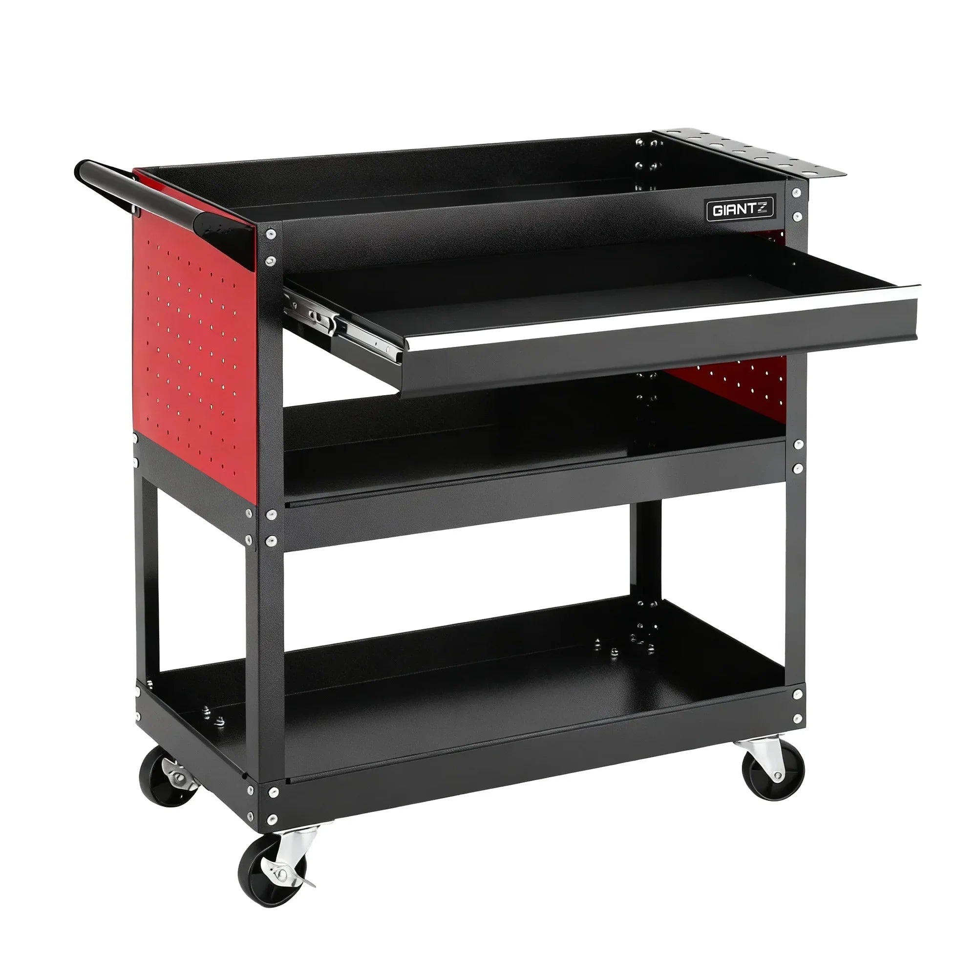 Tool Trolley Cart – Rolling Steel Cabinet w/ Drawer & Pegboard, Black/Red
