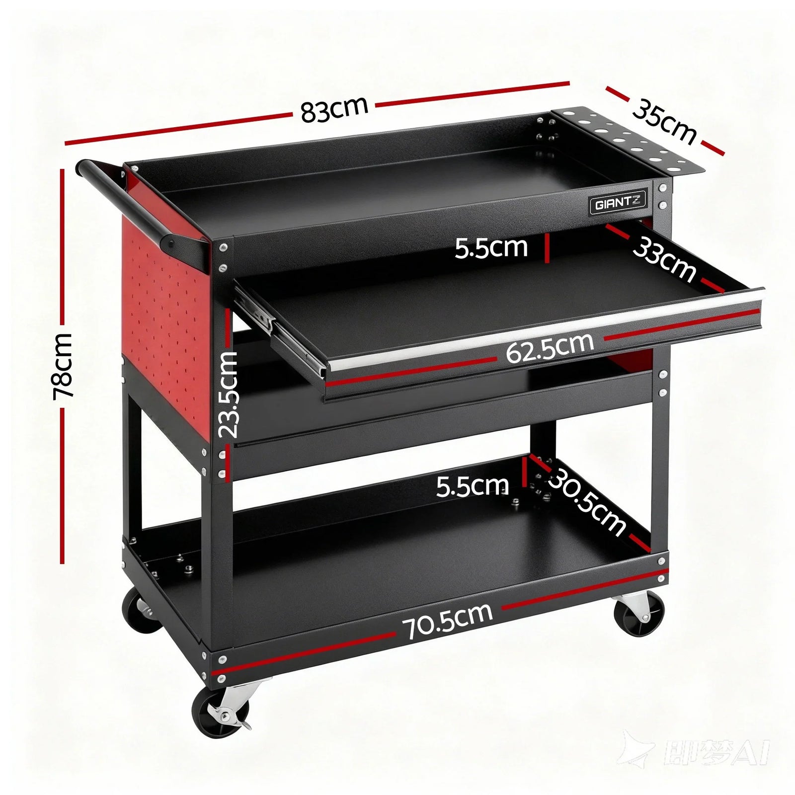 Tool Trolley Cart – Rolling Steel Cabinet w/ Drawer & Pegboard, Black/Red