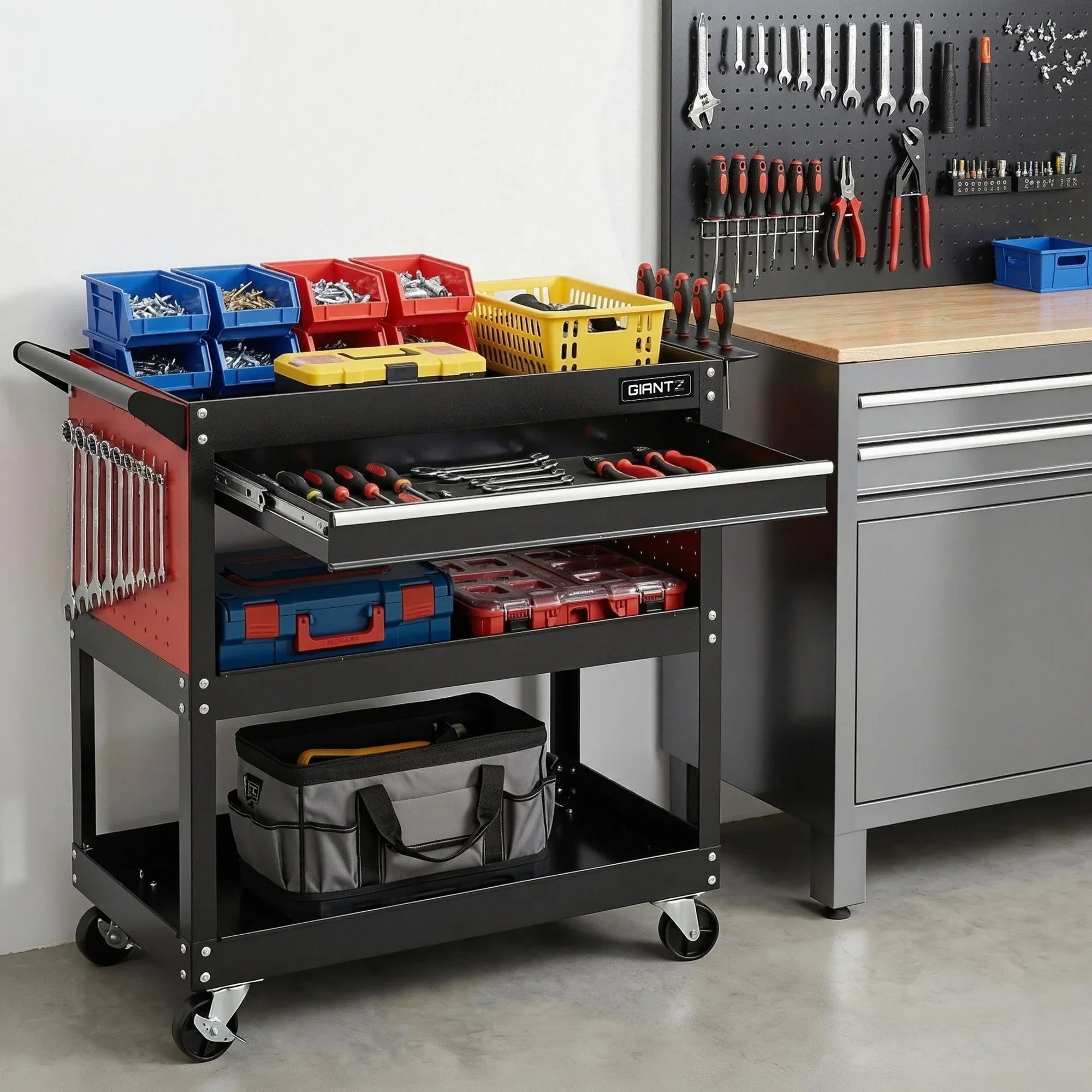 Tool Trolley Cart – Rolling Steel Cabinet w/ Drawer & Pegboard, Black/Red