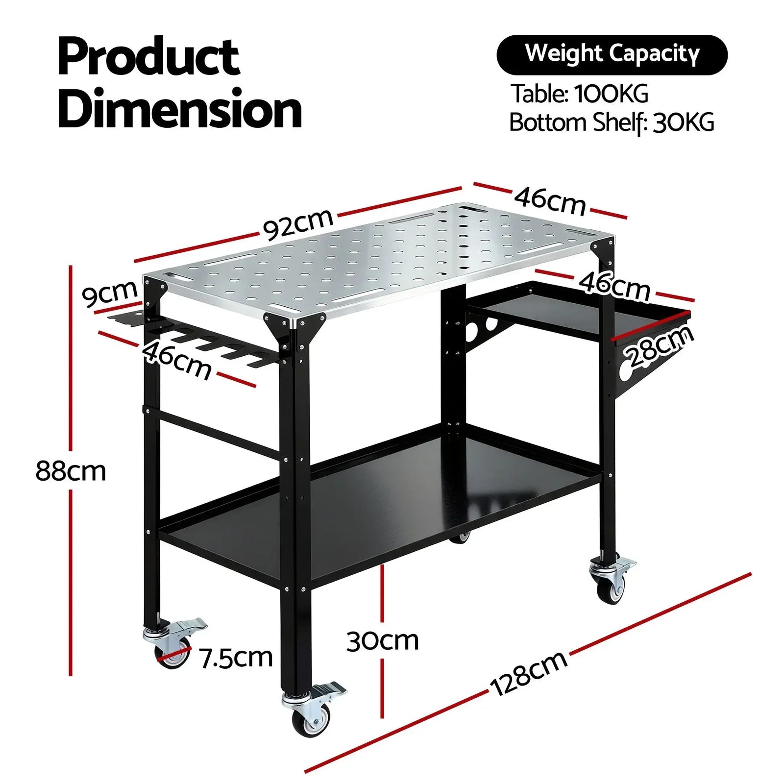 Welding Table Cart with Tool Storage 130KG Capacity Mobile Workstation