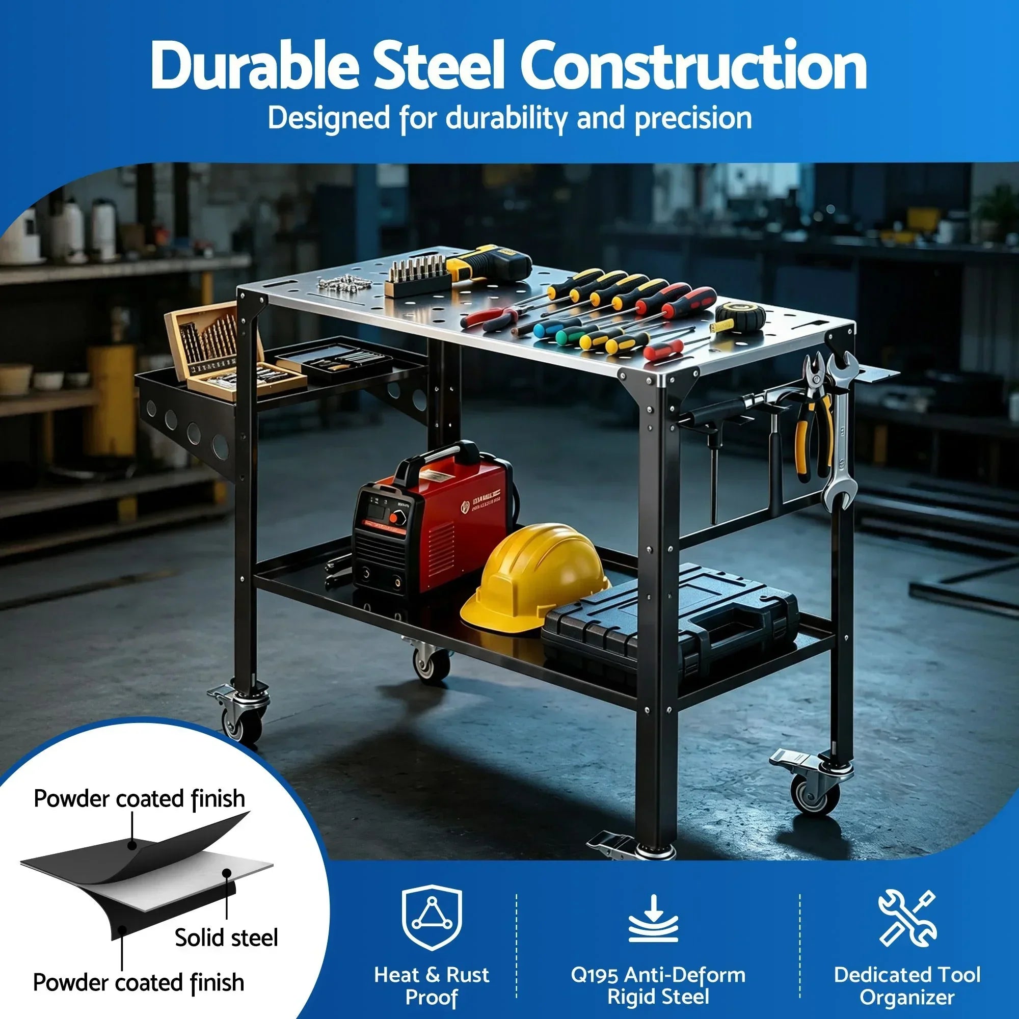 Welding Table Cart with Tool Storage 130KG Capacity Mobile Workstation