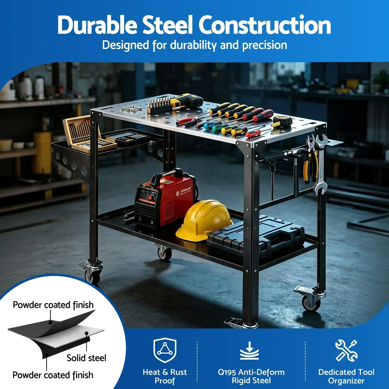 Welding Table Cart with Tool Storage 130KG Capacity Mobile Workstation