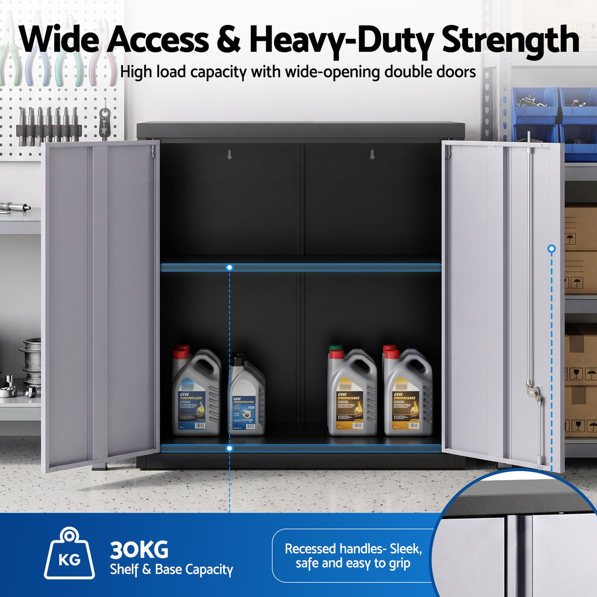 Giantz Steel Tool Cabinet Wall Mount Double Door Shelf Lockable Black and Grey