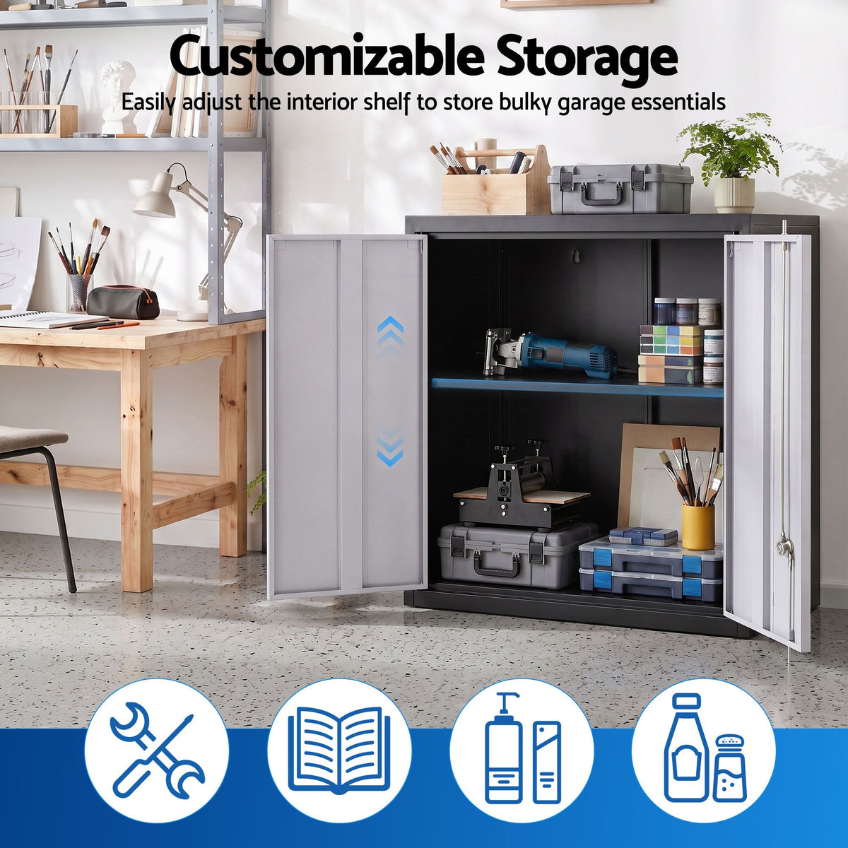 Giantz Steel Tool Cabinet Wall Mount Double Door Shelf Lockable Black and Grey