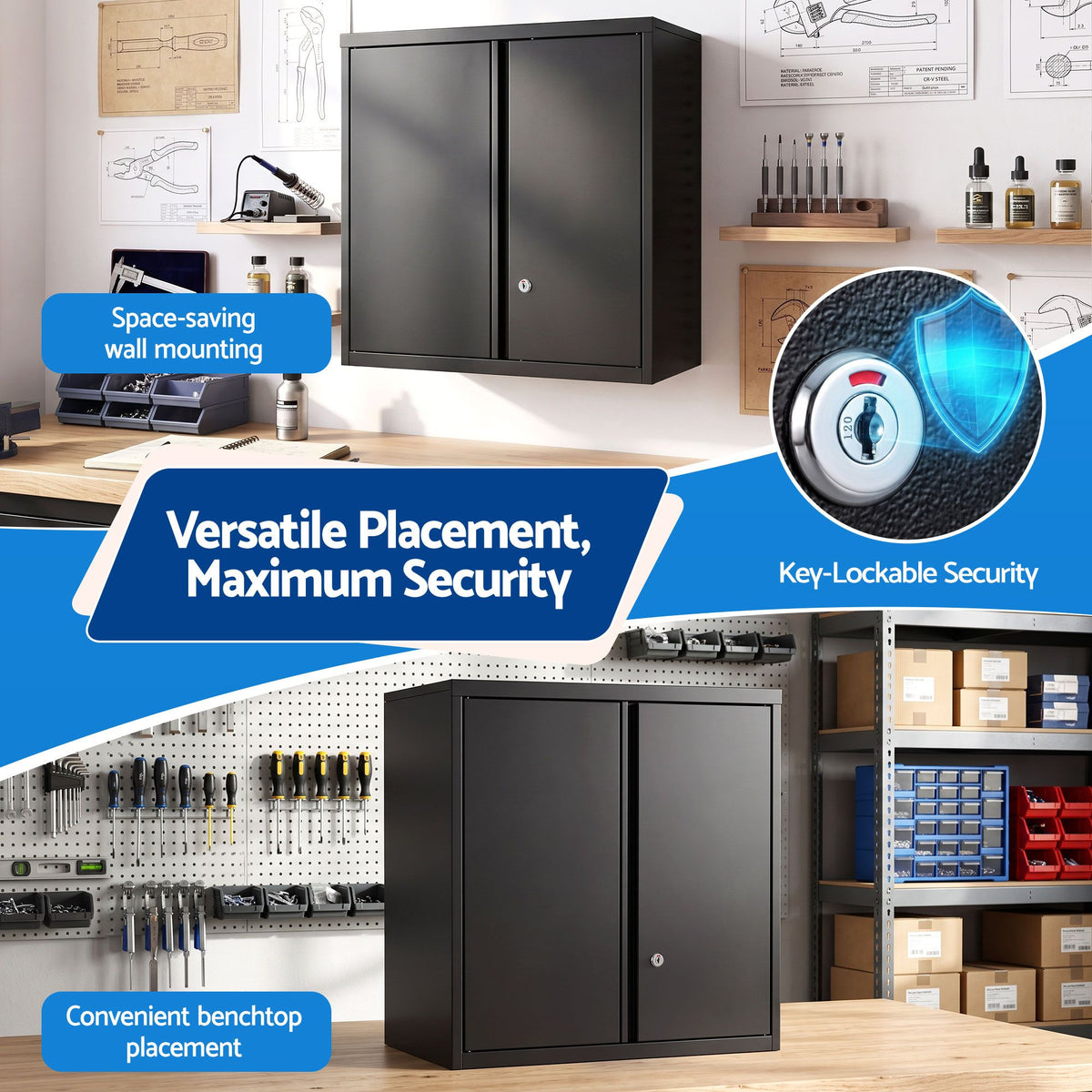 Steel Tool Cabinet Wall Mount Adjustable Shelf Garage Storage Lockable Black