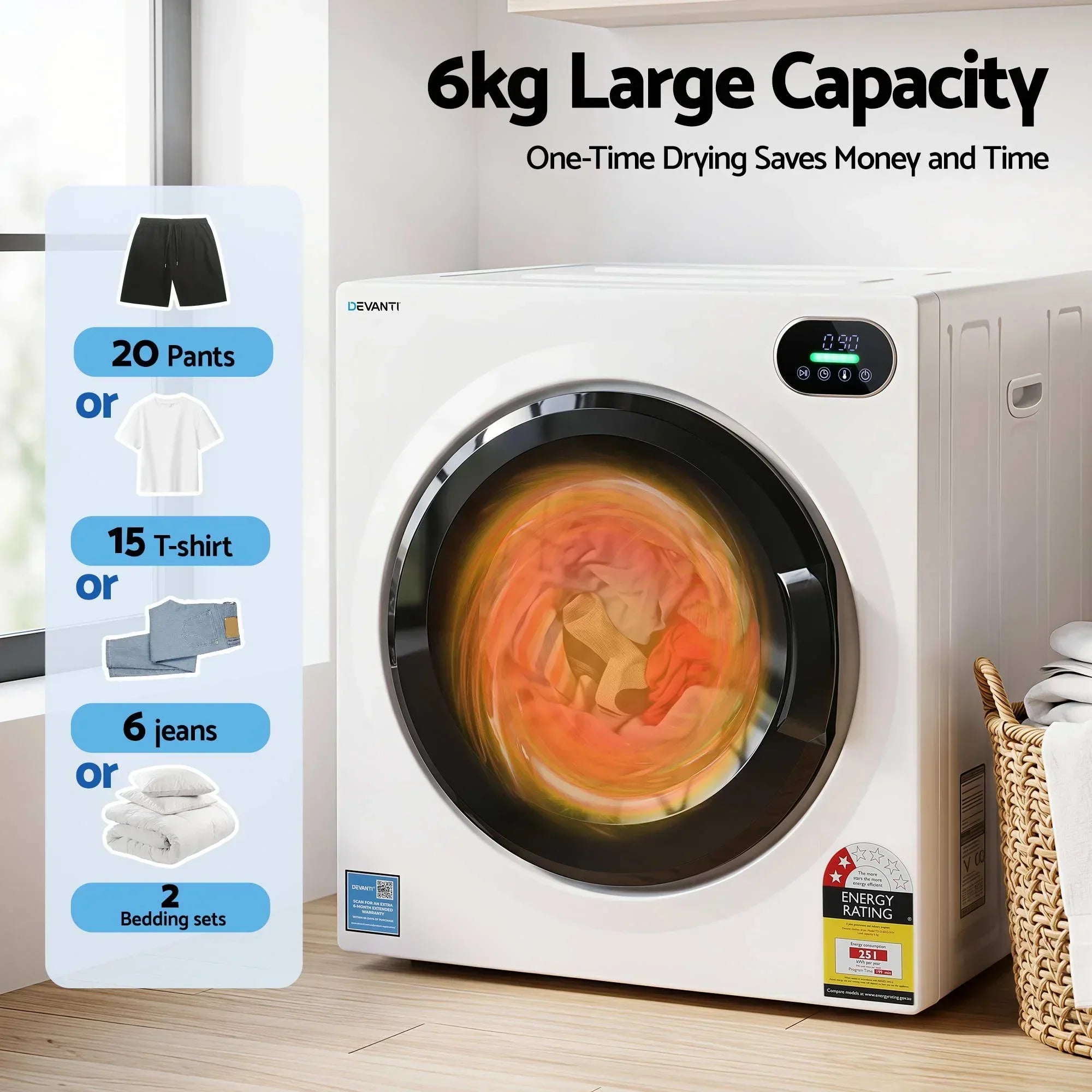 6kg Tumble Dryer – Compact, Touch Control, Anti‑Crease, Reverse Cycle