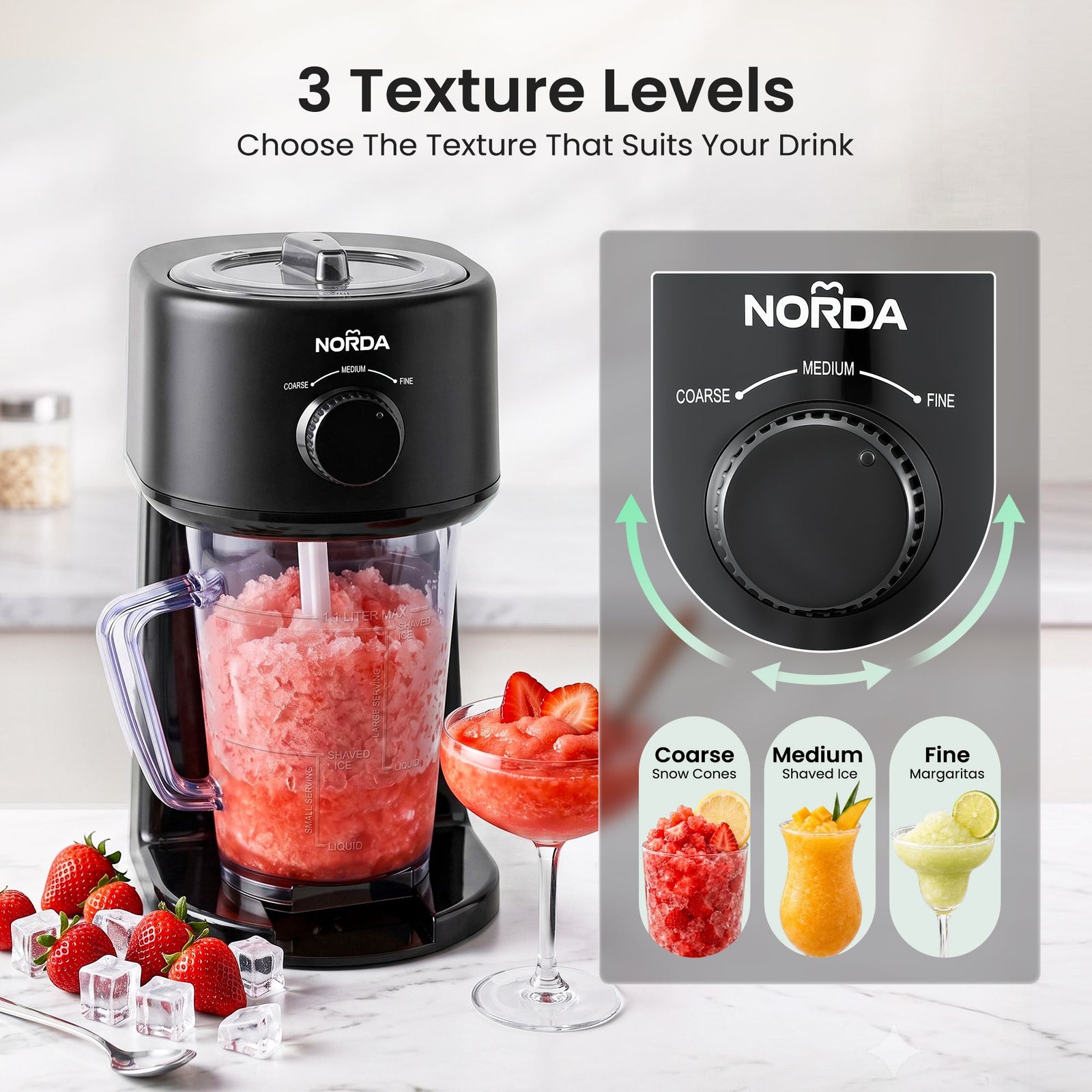 1.1L Slushie Machine Shaved Ice Maker 3 Texture Levels Black Benchtop Set