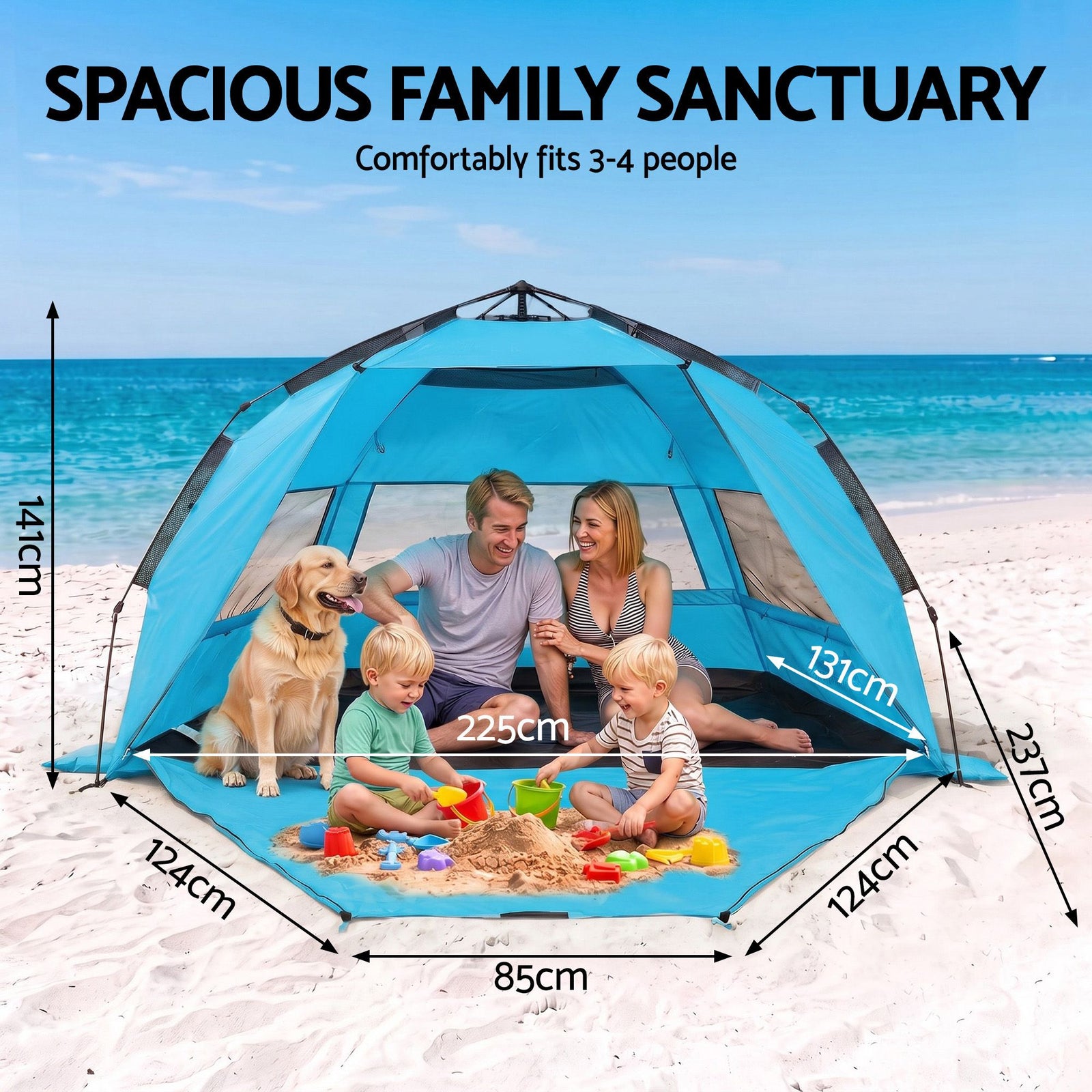 Beach Tent 3-4 Person Pop Up Sun Shade UPF 50 Automatic Outdoor Blue