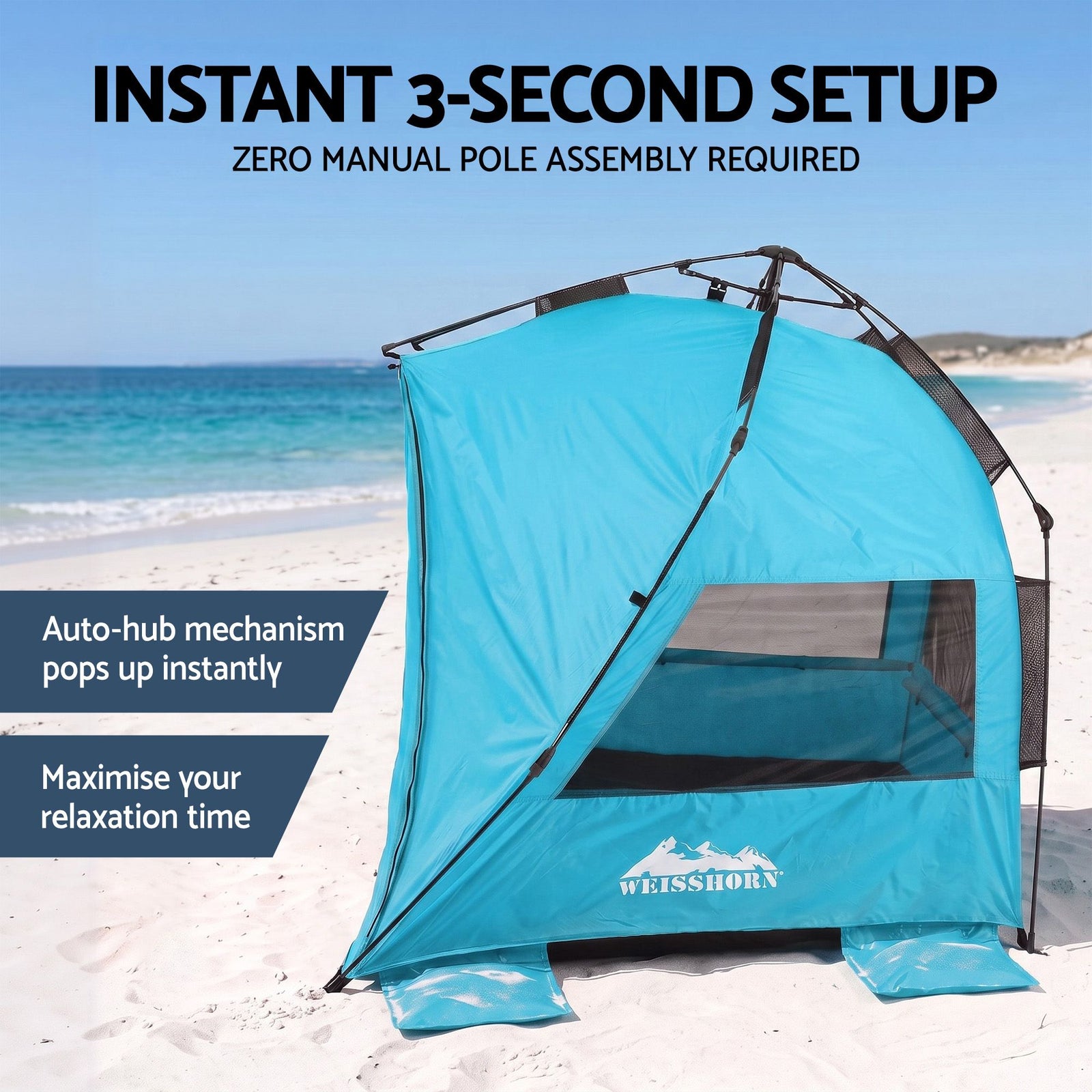 Beach Tent 3-4 Person Pop Up Sun Shade UPF 50 Automatic Outdoor Blue