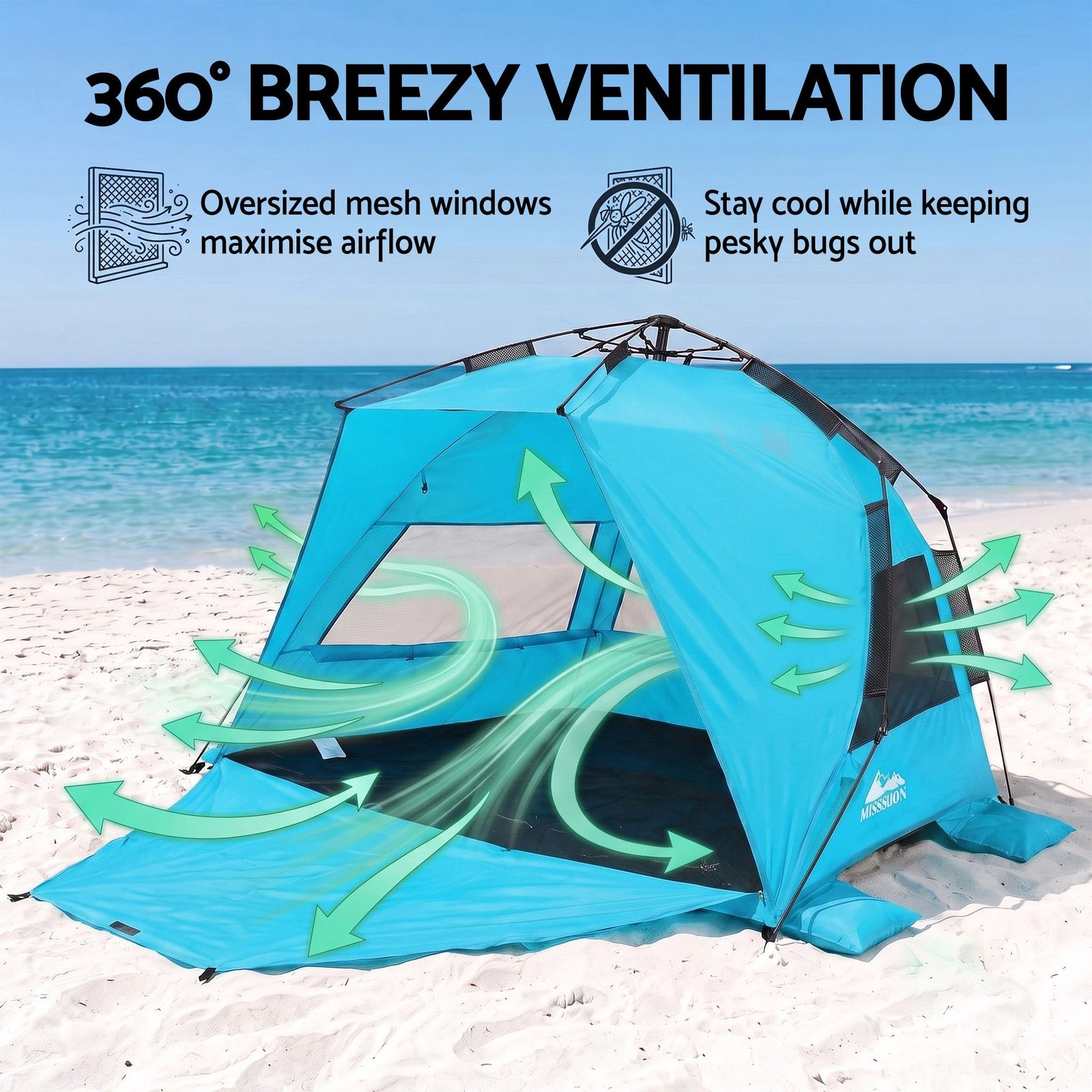 Beach Tent 3-4 Person Pop Up Sun Shade UPF 50 Automatic Outdoor Blue