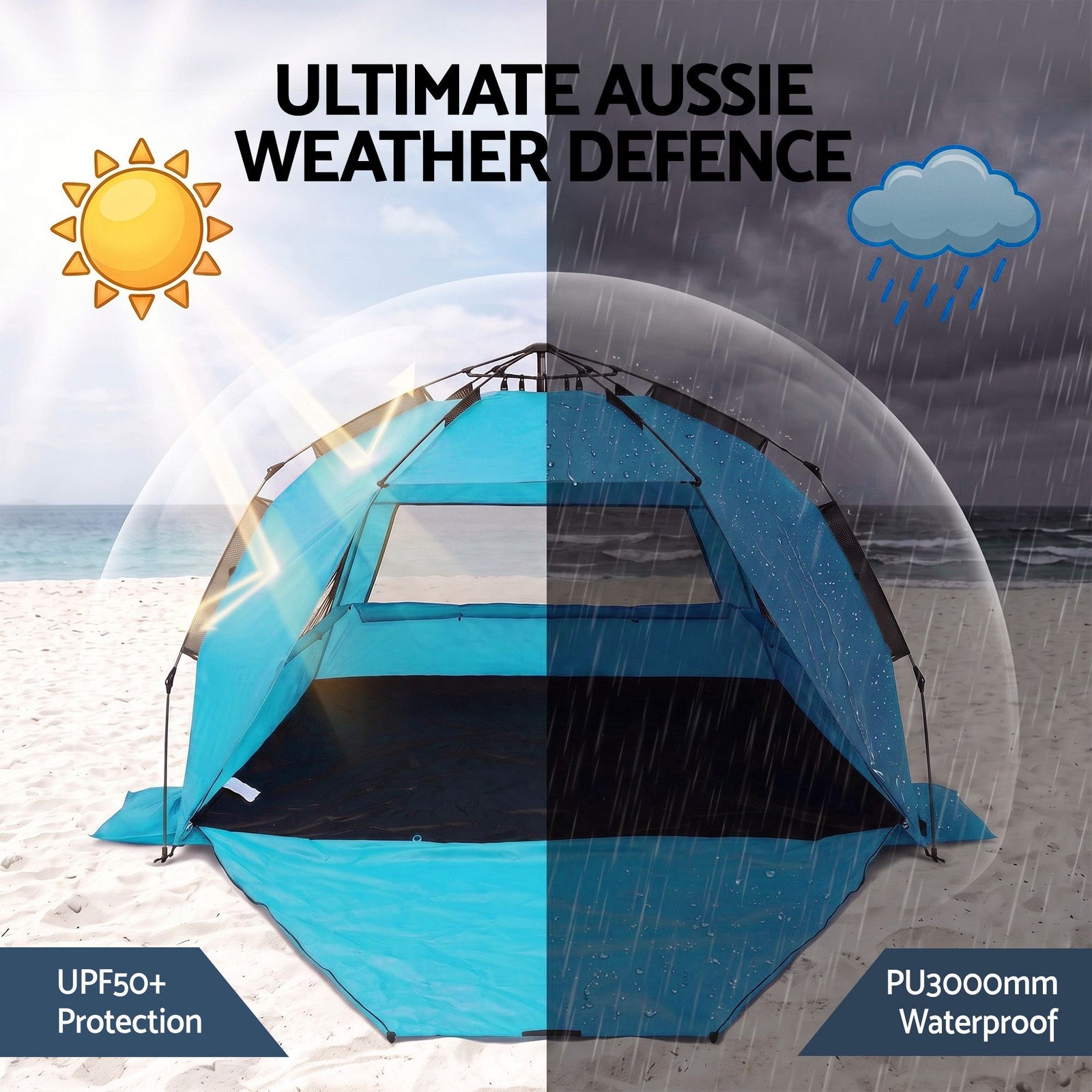 Beach Tent 3-4 Person Pop Up Sun Shade UPF 50 Automatic Outdoor Blue