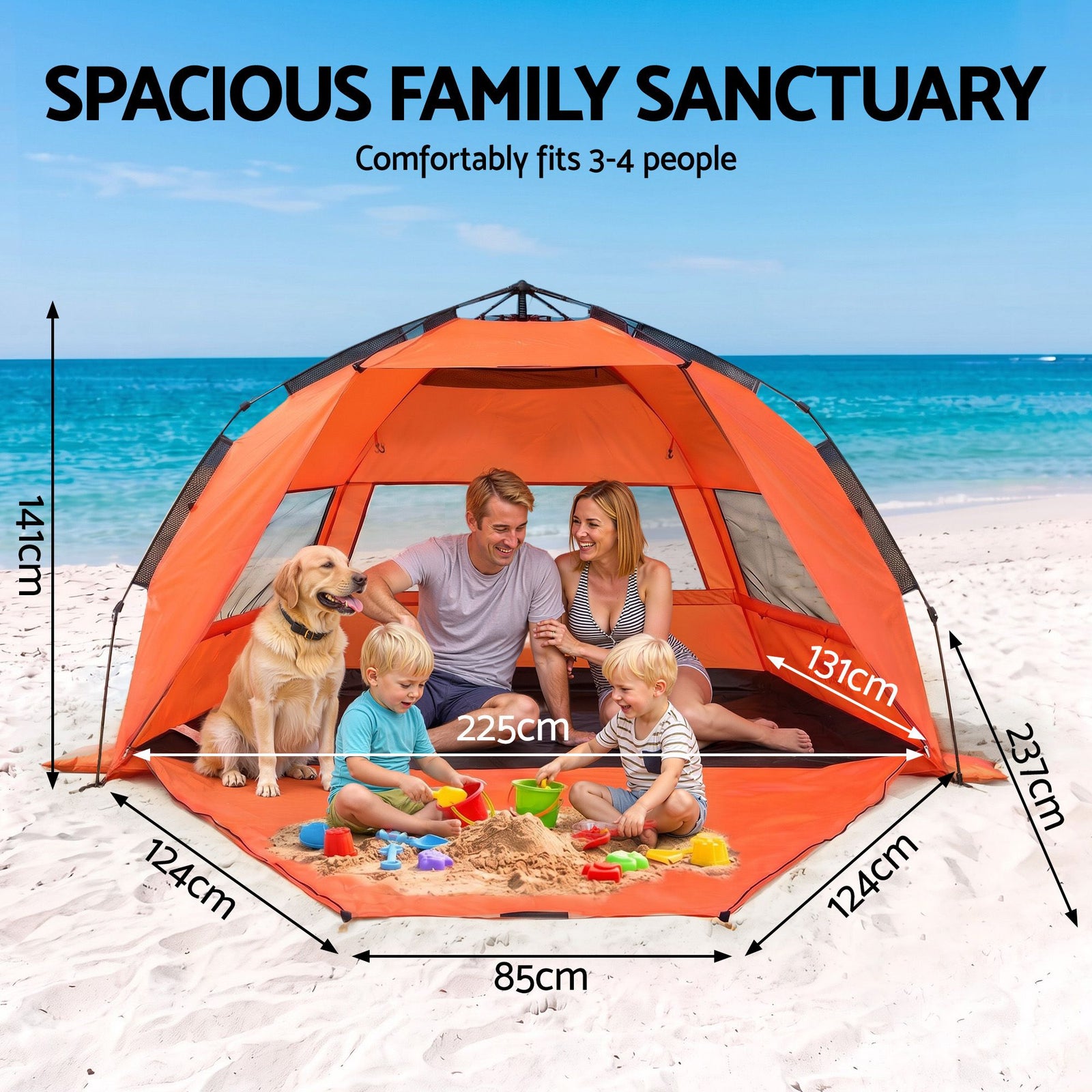Beach Tent 3-4 Person Pop Up Sun Shade UPF 50 Automatic Outdoor Orange