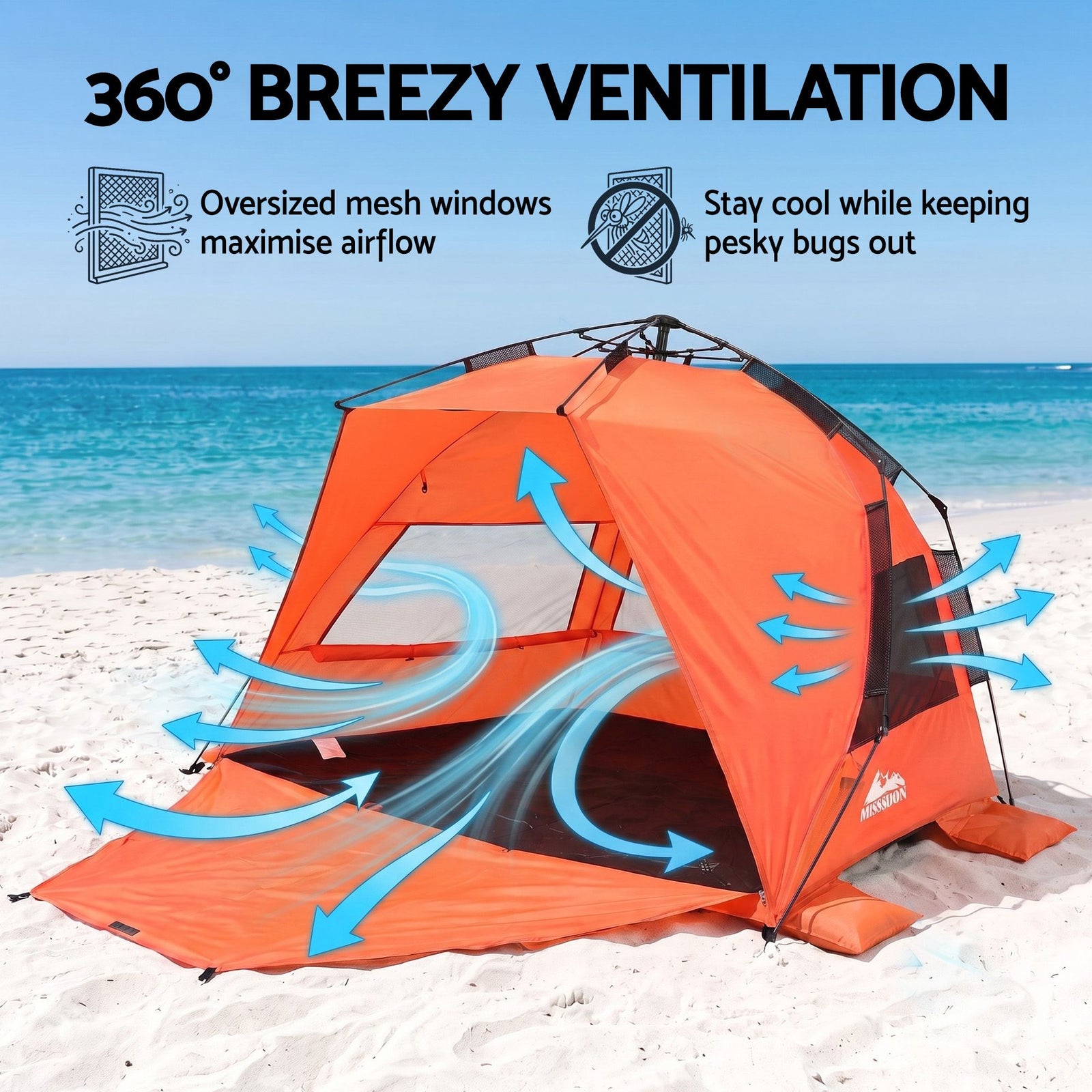 Beach Tent 3-4 Person Pop Up Sun Shade UPF 50 Automatic Outdoor Orange
