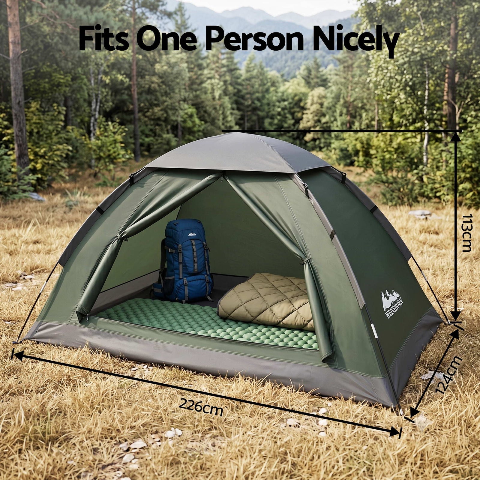 1 Person Camping Tent Waterproof Hiking Vestibule Porch Green Grey Set