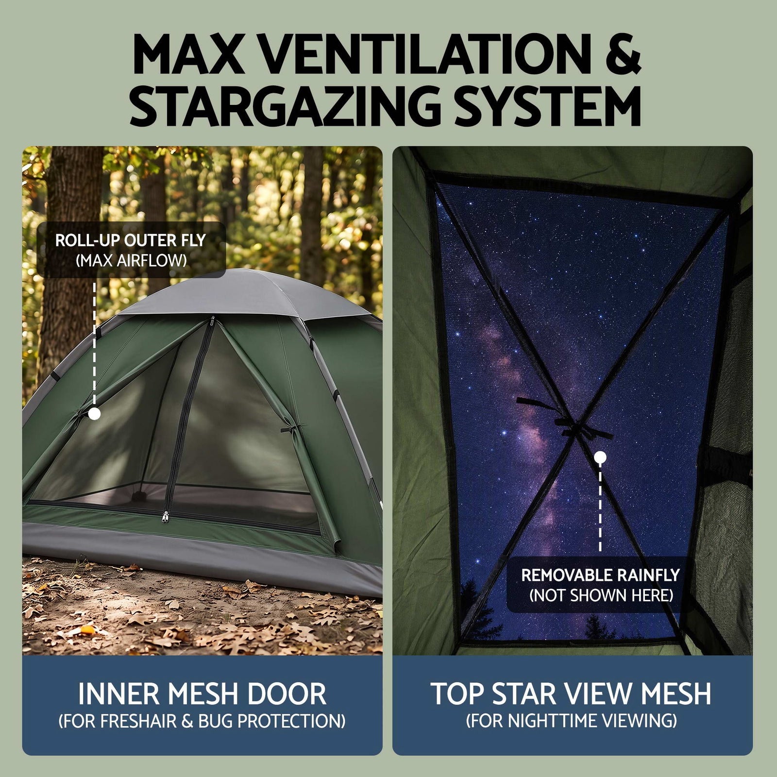 1 Person Camping Tent Waterproof Hiking Vestibule Porch Green Grey Set