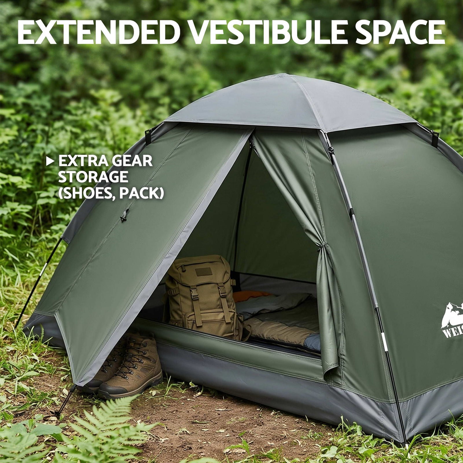 1 Person Camping Tent Waterproof Hiking Vestibule Porch Green Grey Set