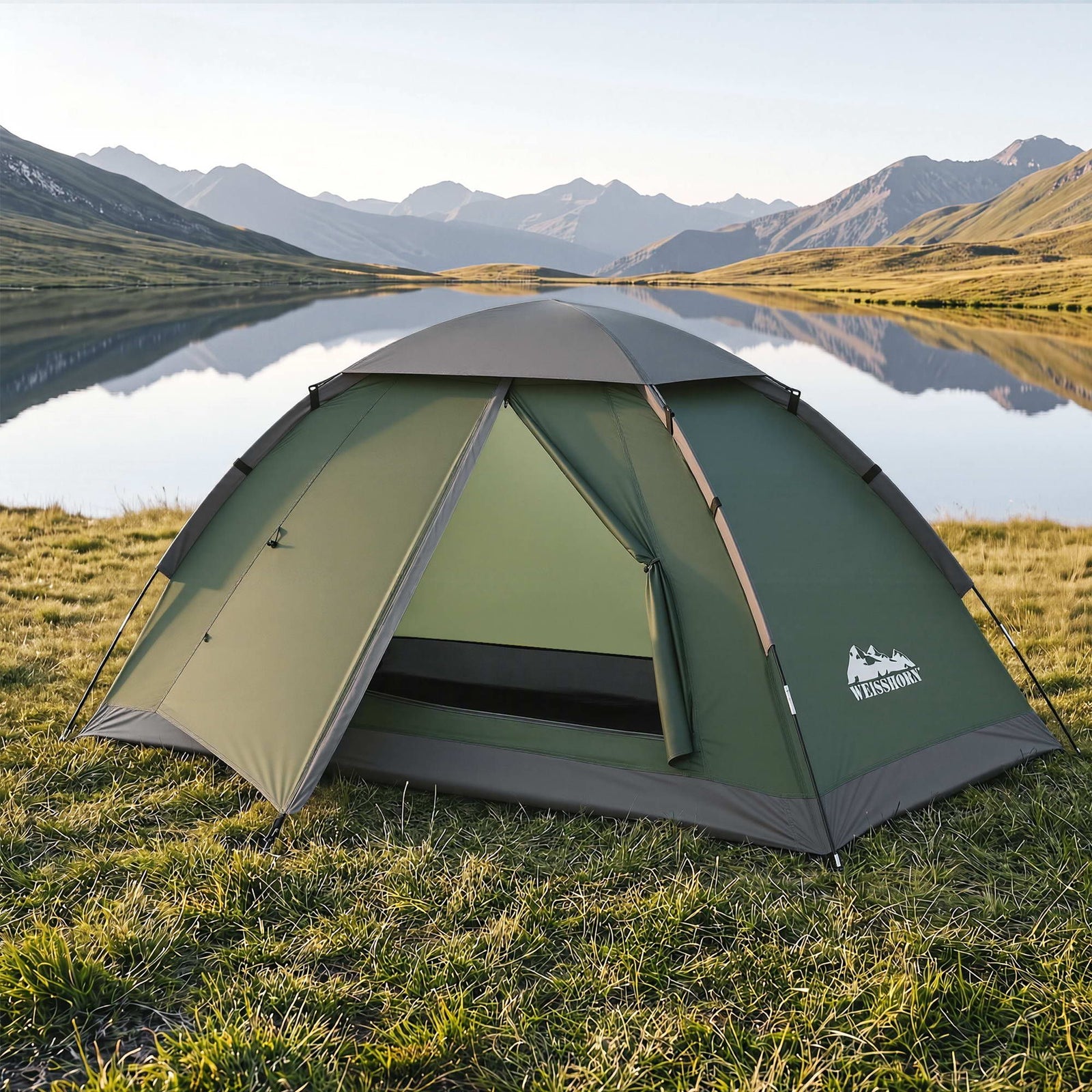 1 Person Camping Tent Waterproof Hiking Vestibule Porch Green Grey Set
