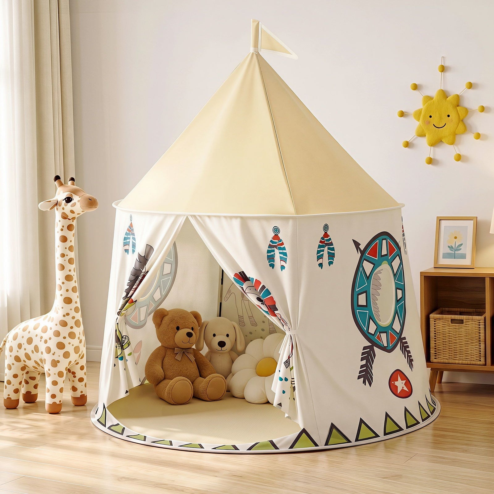 Kids Play Tent Playhouse – Castle with Windows & Flag, 115cm, Multicolour