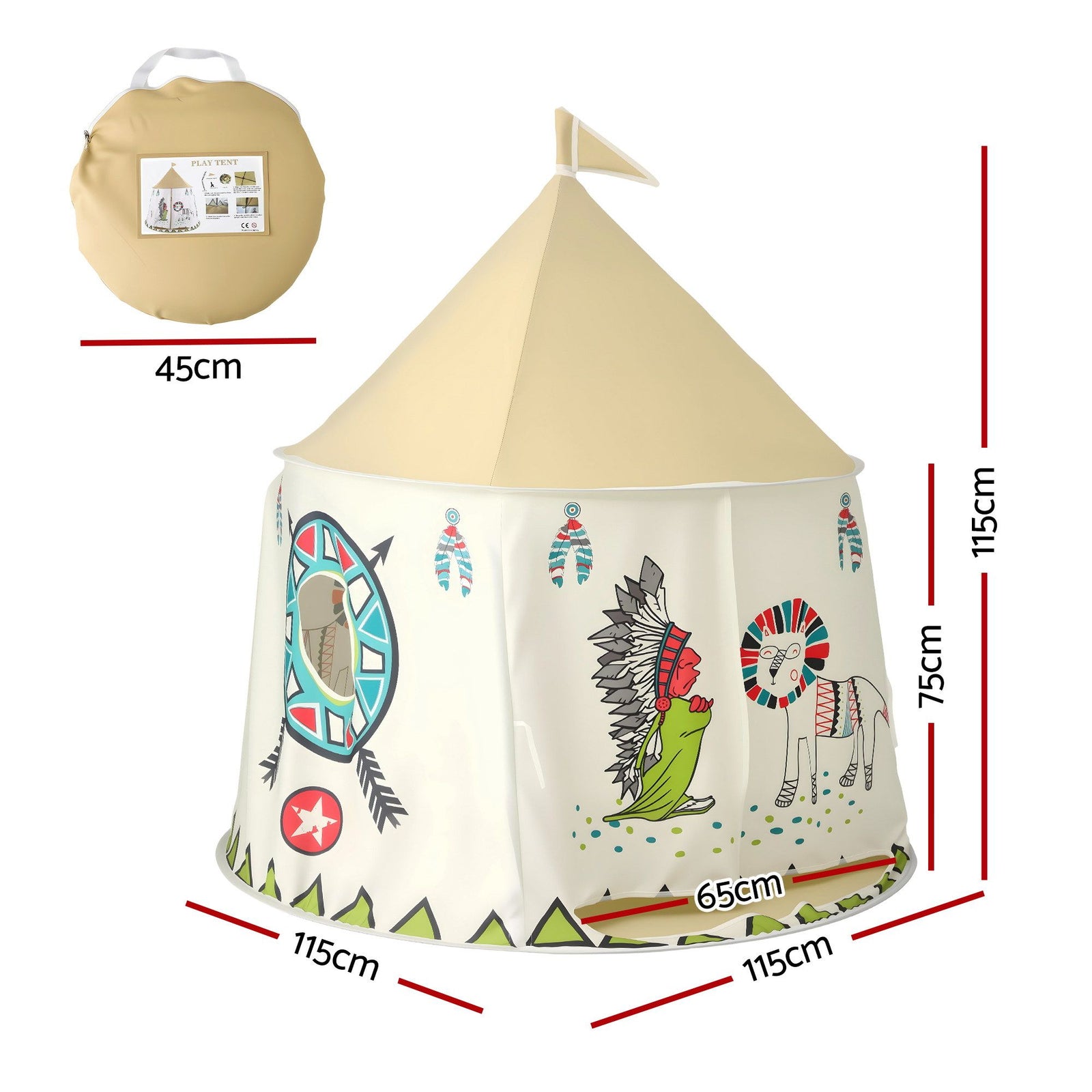 Kids Play Tent Playhouse – Castle with Windows & Flag, 115cm, Multicolour