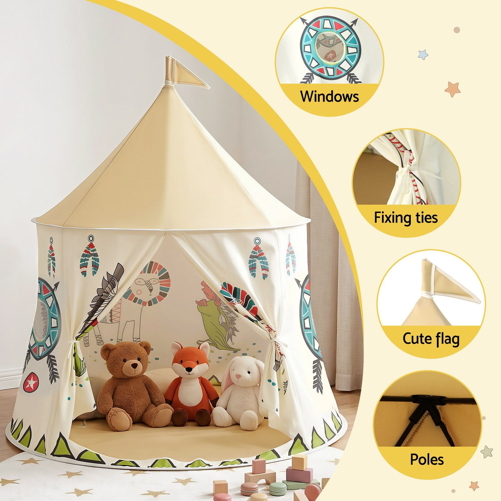 Kids Play Tent Playhouse – Castle with Windows & Flag, 115cm, Multicolour