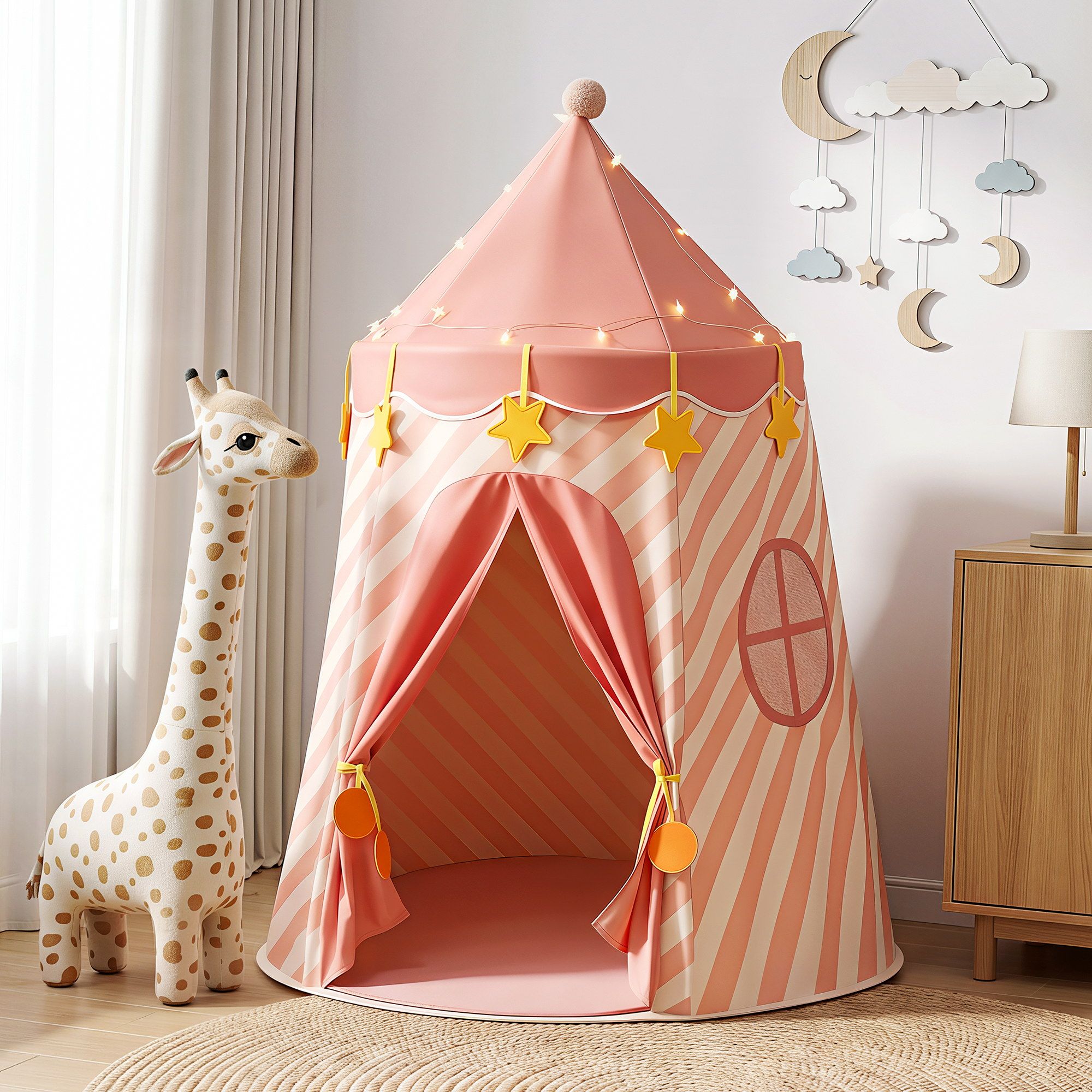 Kids Play Tent Playhouse – Pink with Star Lights, Window & Mat, 153cm