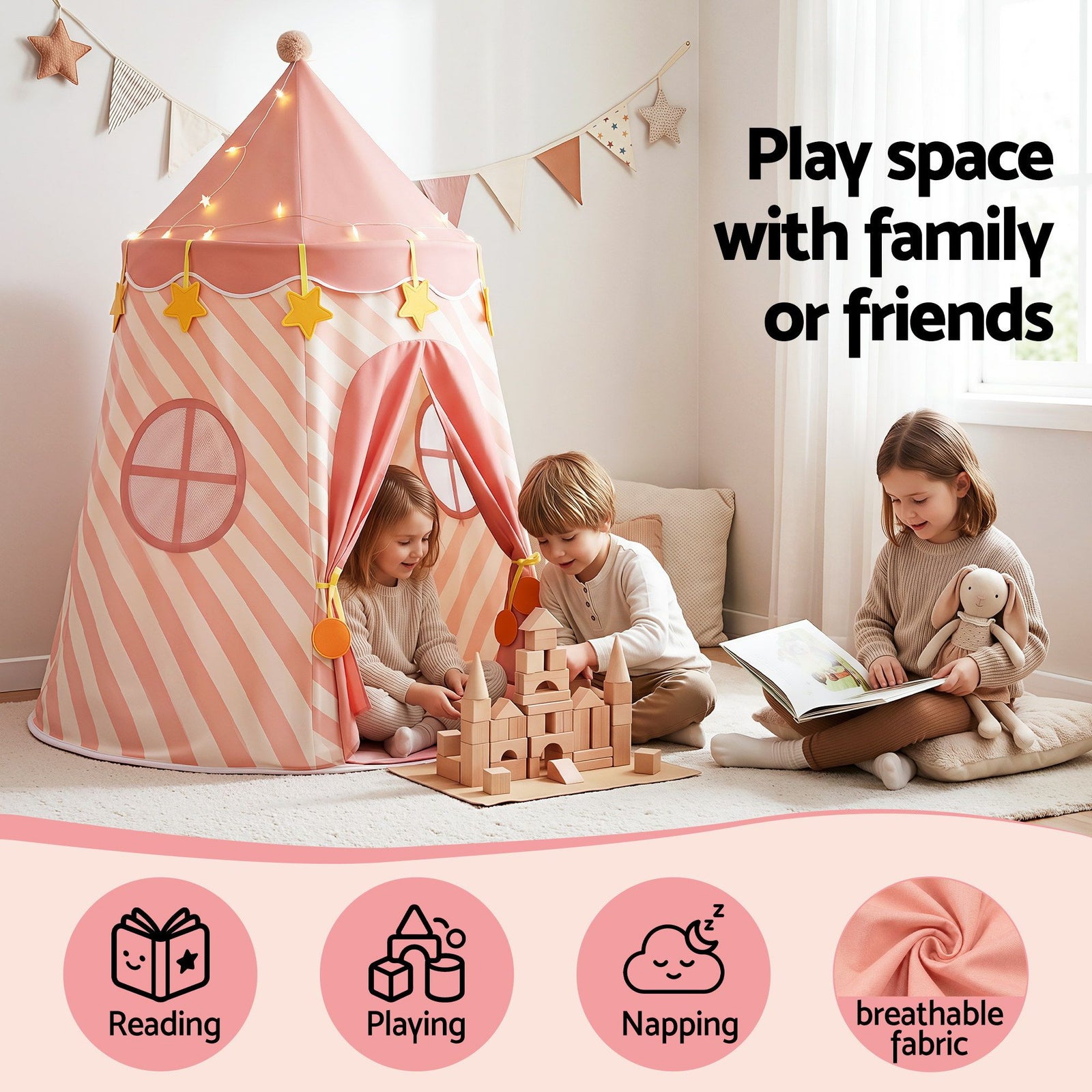 Kids Play Tent Playhouse – Pink with Star Lights, Window & Mat, 153cm