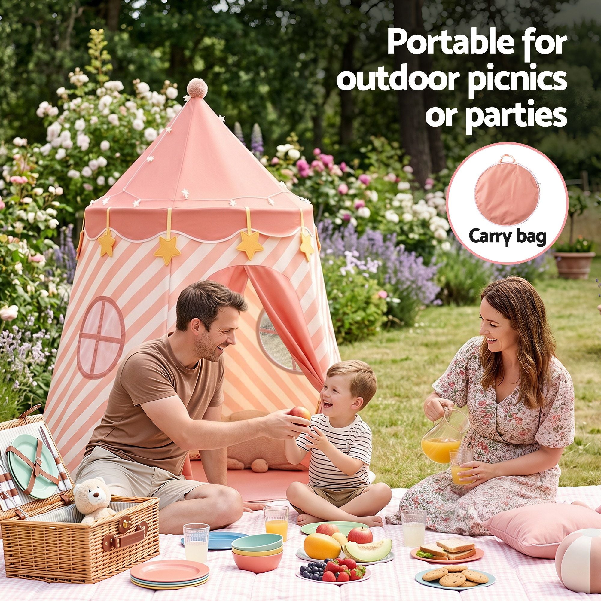 Kids Play Tent Playhouse – Pink with Star Lights, Window & Mat, 153cm