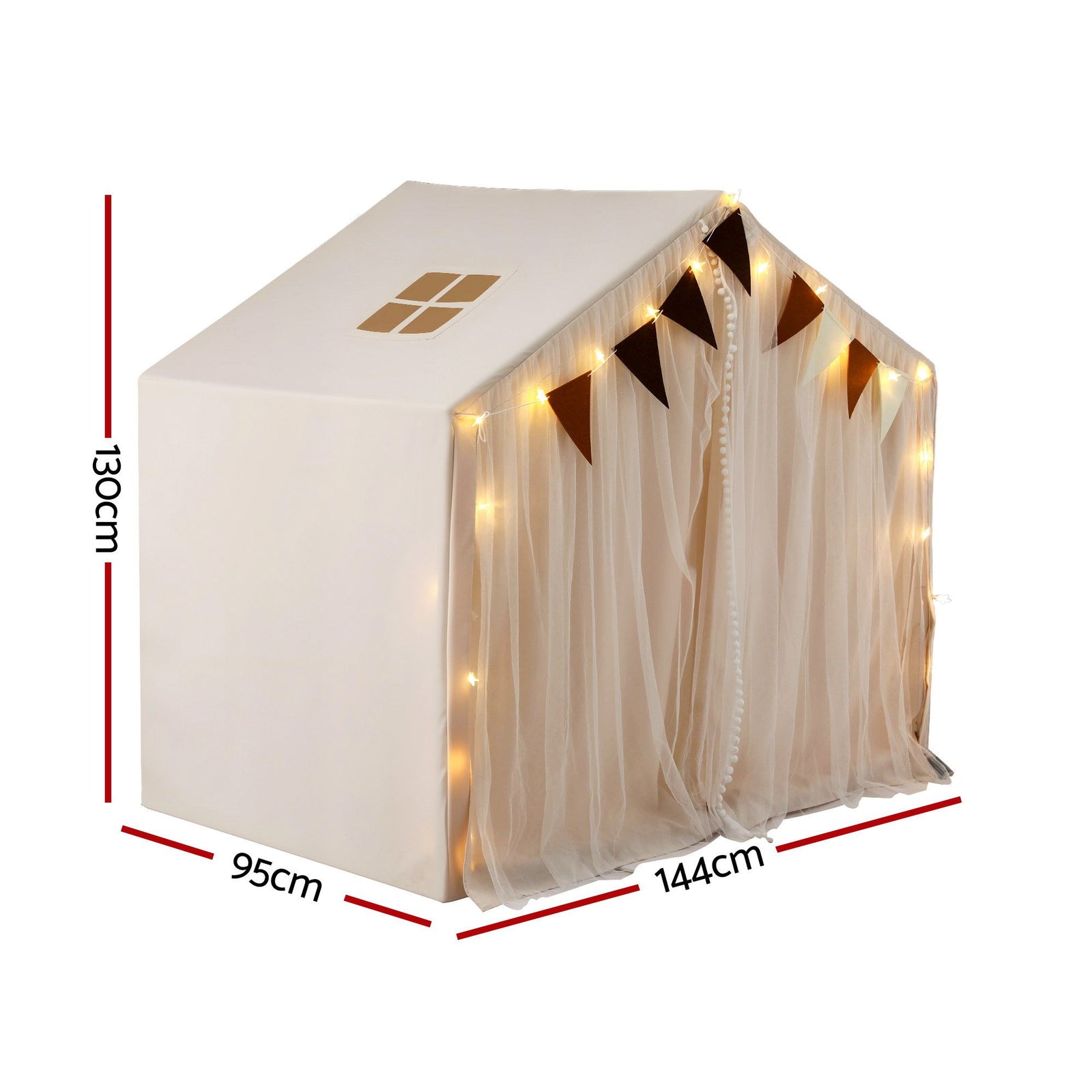 Kids Play Tent Playhouse – White with Star Lights, Windows & Flag, 130cm