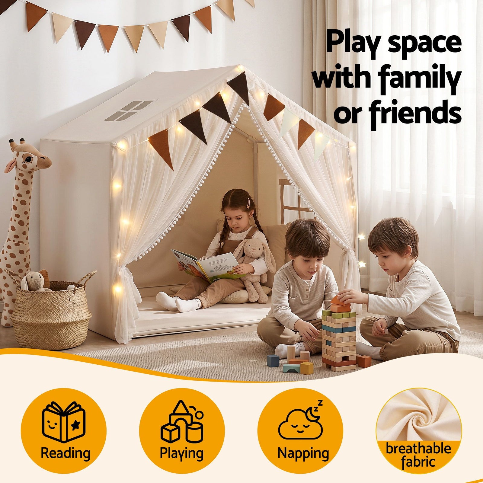 Kids Play Tent Playhouse – White with Star Lights, Windows & Flag, 130cm