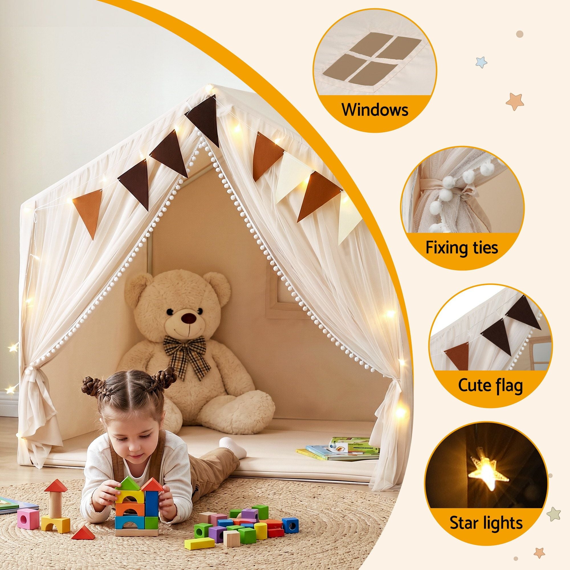 Kids Play Tent Playhouse – White with Star Lights, Windows & Flag, 130cm