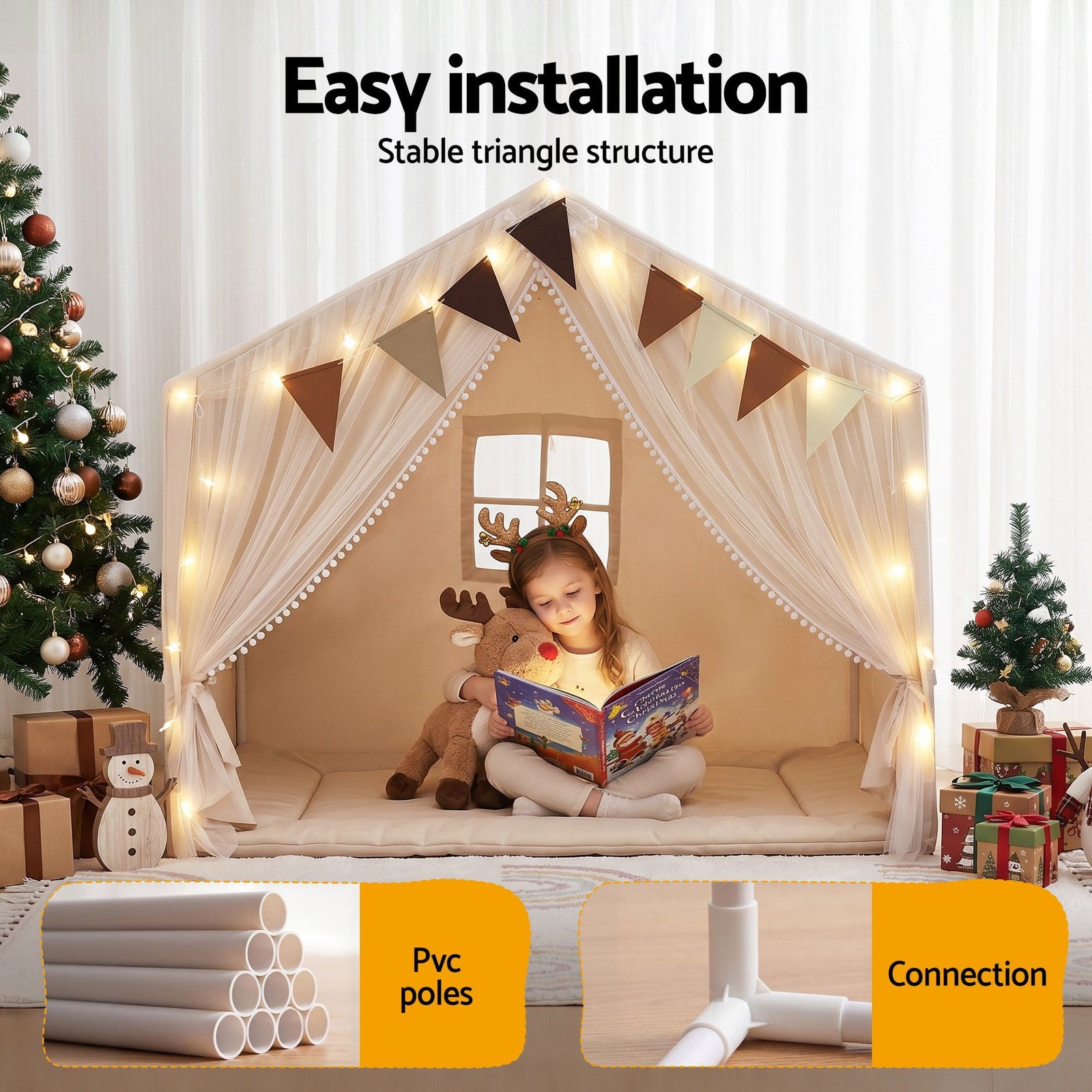 Kids Play Tent Playhouse – White with Star Lights, Windows & Flag, 130cm