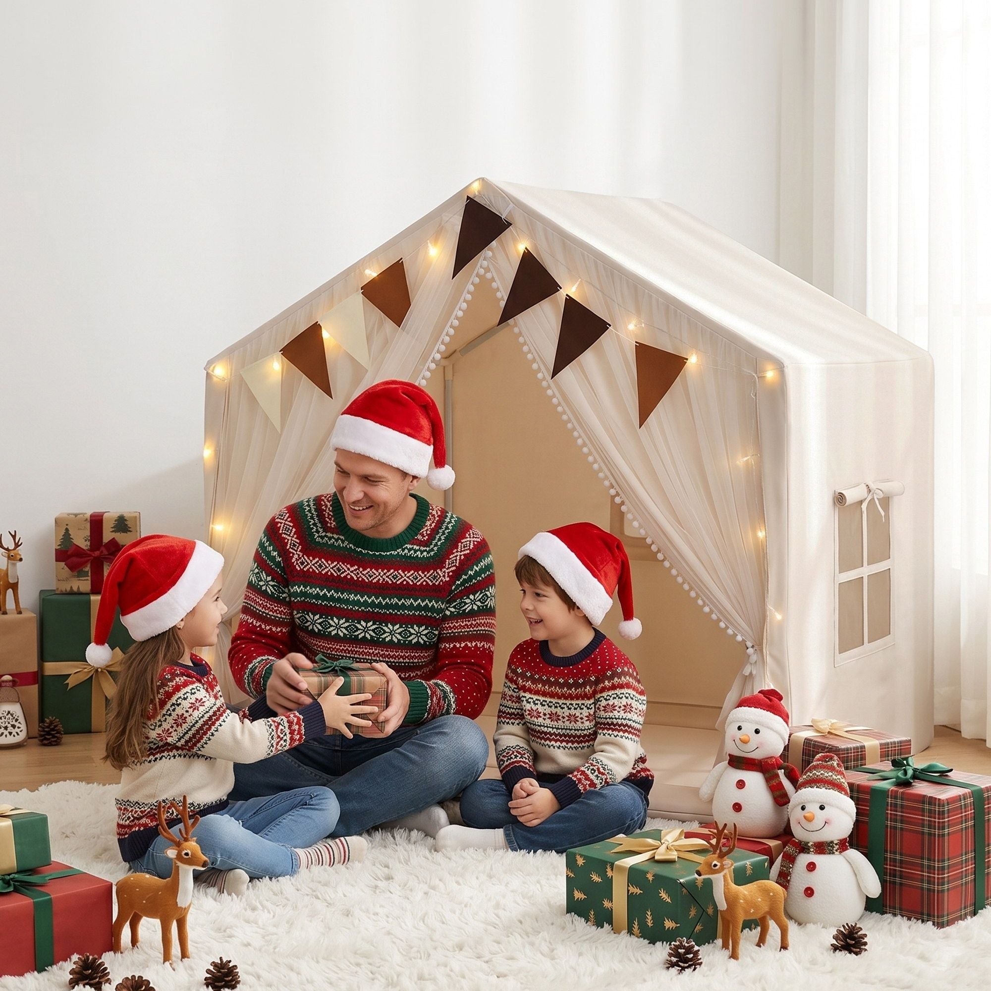 Kids Play Tent Playhouse – White with Star Lights, Windows & Flag, 130cm