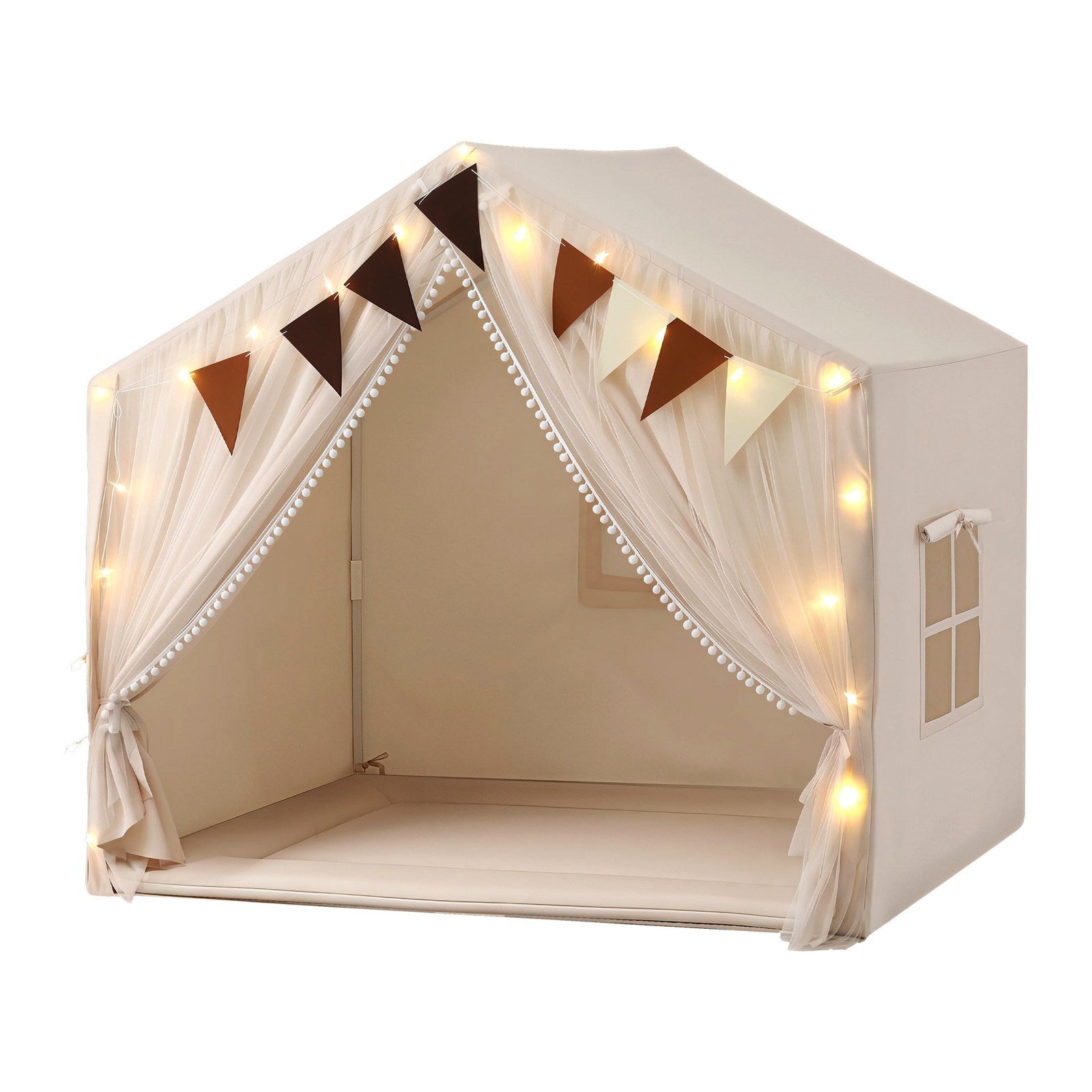 Kids Play Tent Playhouse – White with Star Lights, Windows & Flag, 130cm