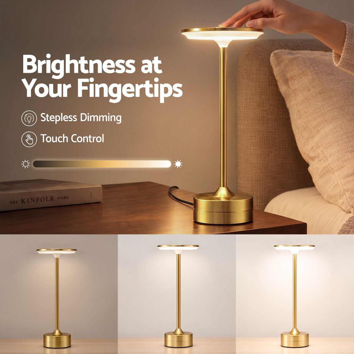 Artiss Gold Touch Table Lamp, Warm to Cool White LED, Dimmable 3000-6000K 24 LEDs, Type-C
