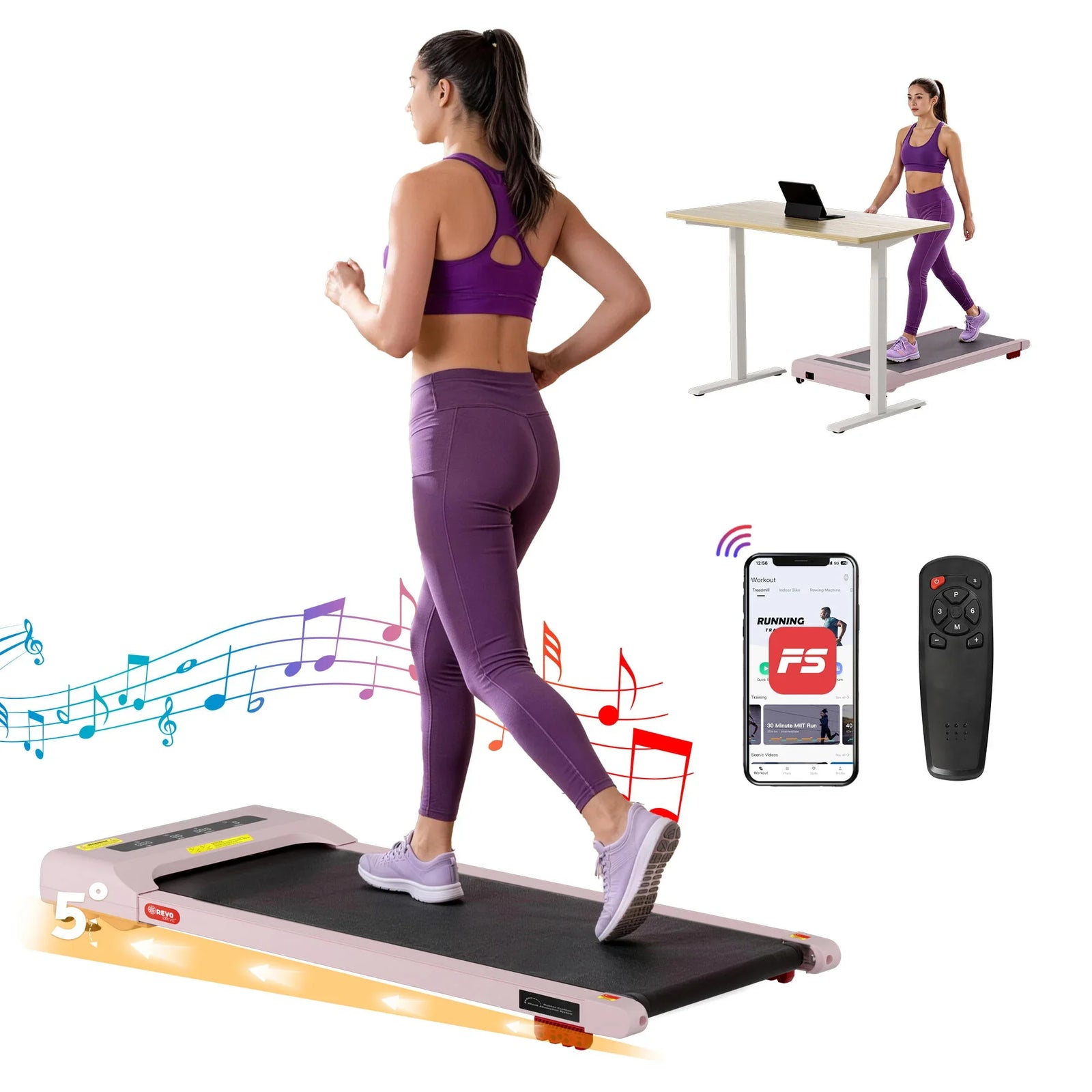 Walking Pad Treadmill – Under‑Desk w/ 3‑Level Incline & App Control, Pink