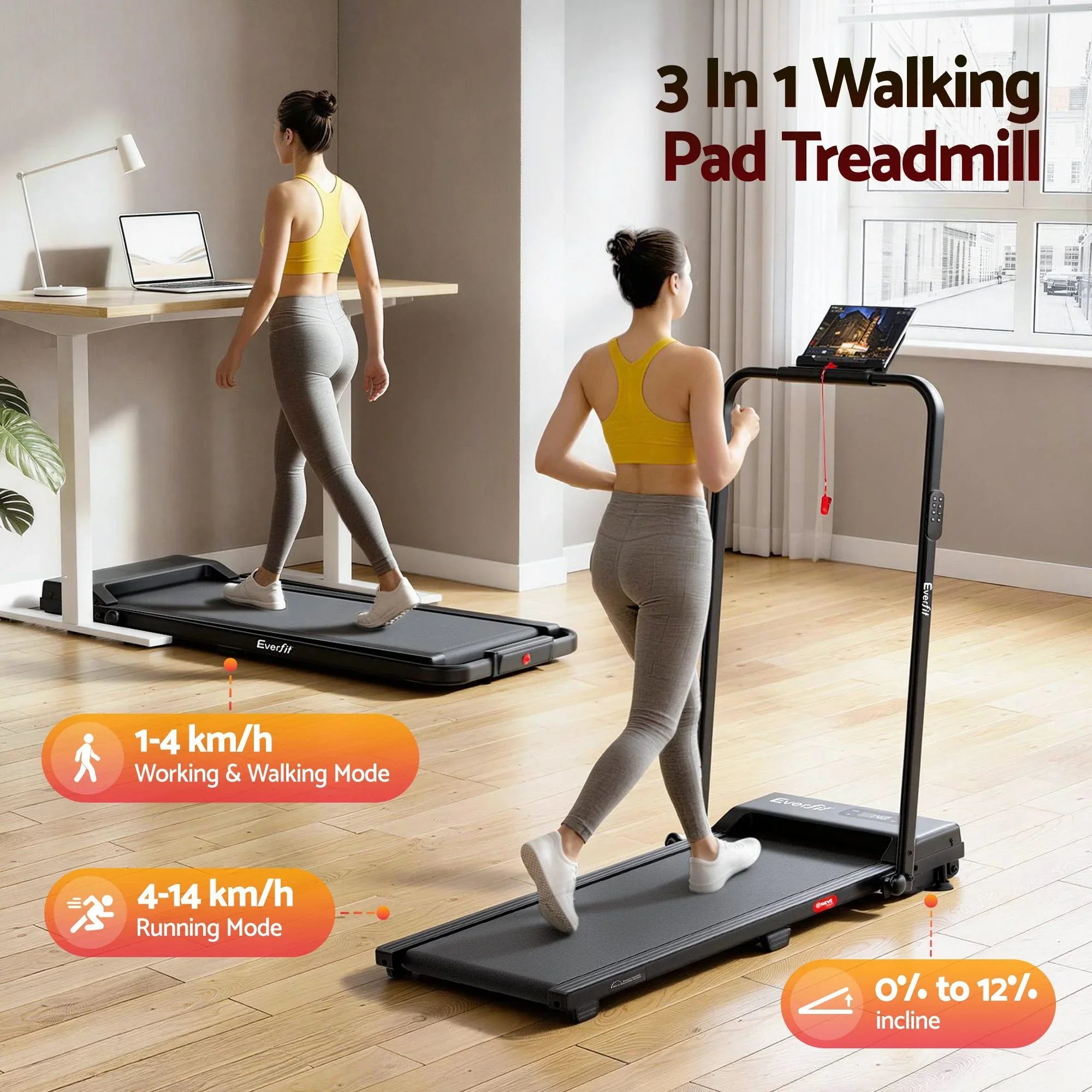 3‑in‑1 Walking Pad Treadmill – 12% Incline, Foldable Under‑Desk, APP Control