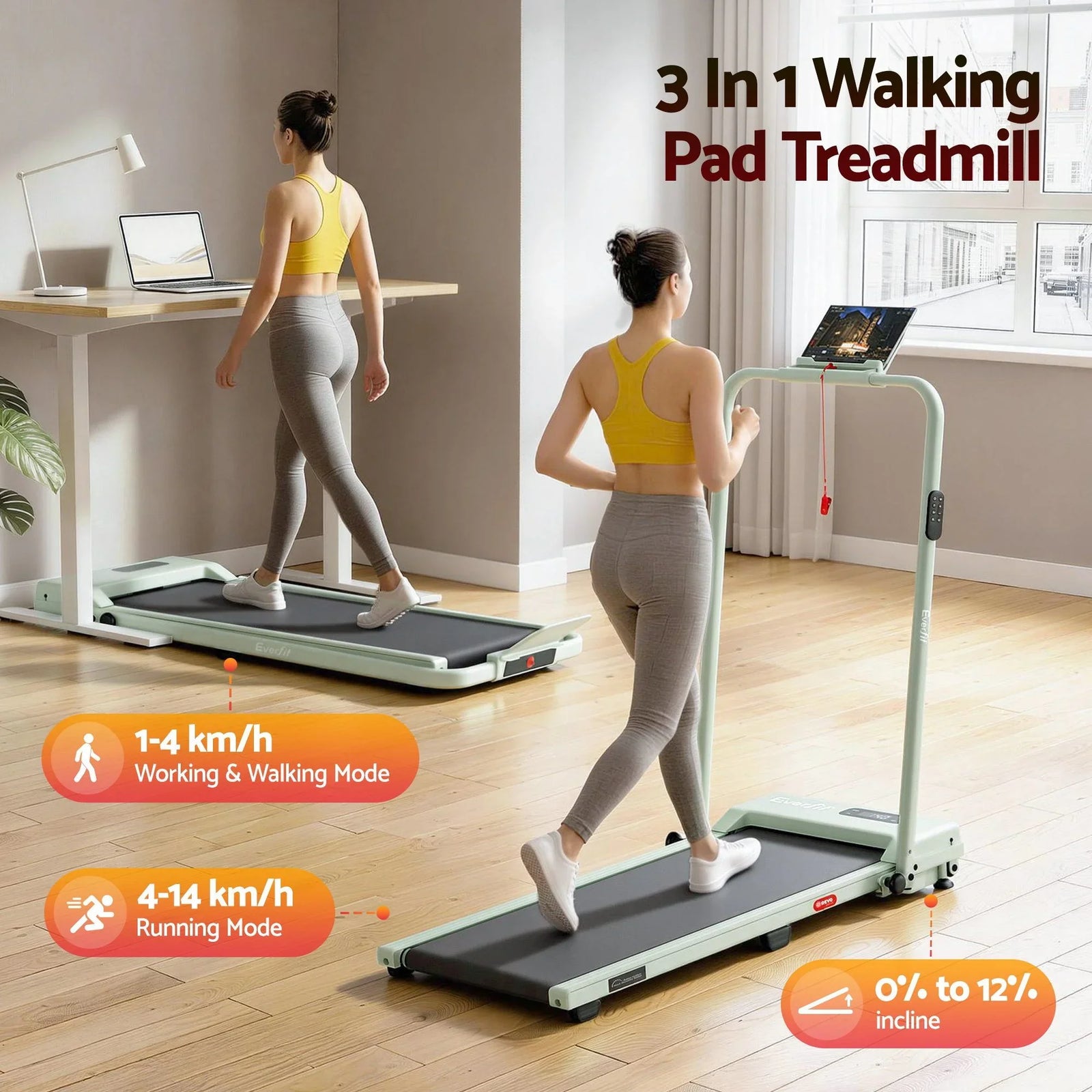 3‑in‑1 Walking Pad Treadmill – 12% Incline, Foldable Under‑Desk, APP Control