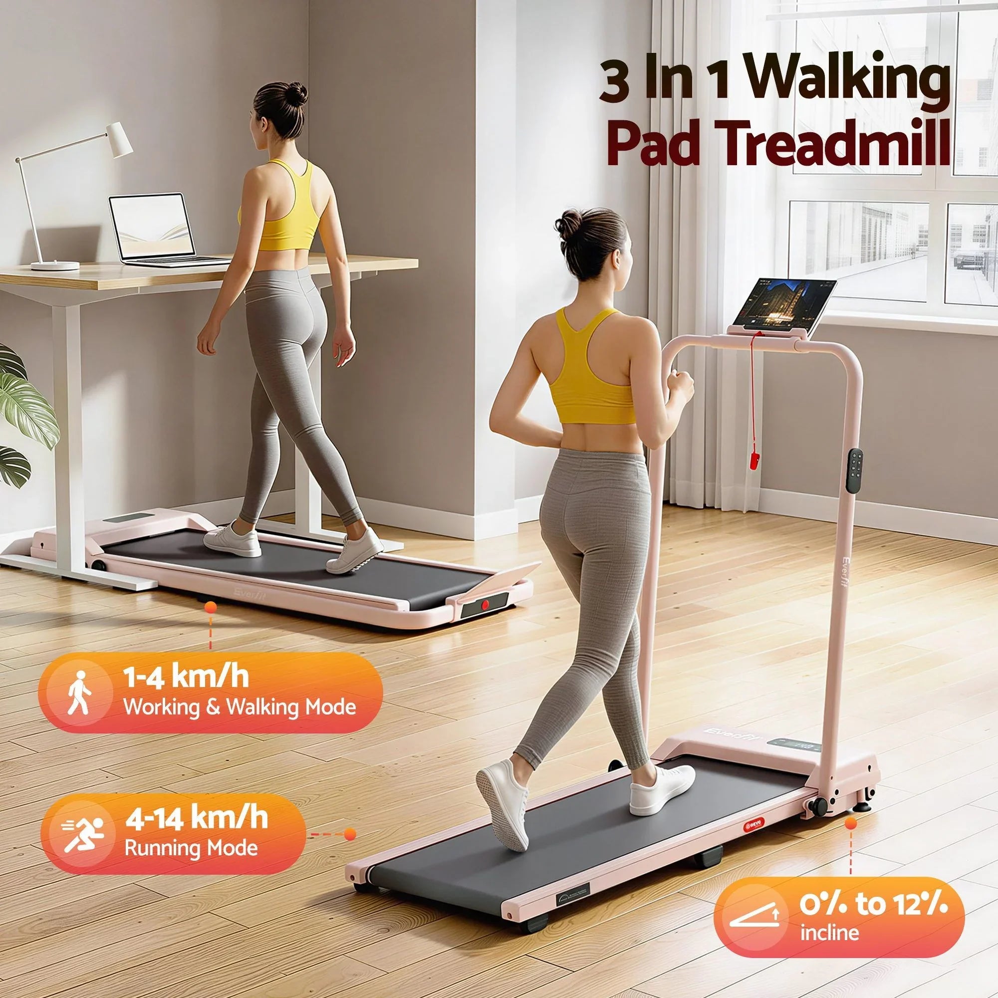 3 in 1 Walking Pad Treadmill 12% Incline Under Desk Treadmills for Home Gym With 38cm Wide Belt APP Control