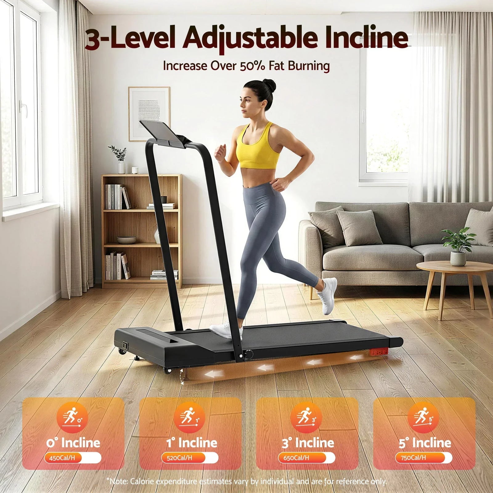 Treadmill Electric Walking Pad Incline Under Desk 380mm Black