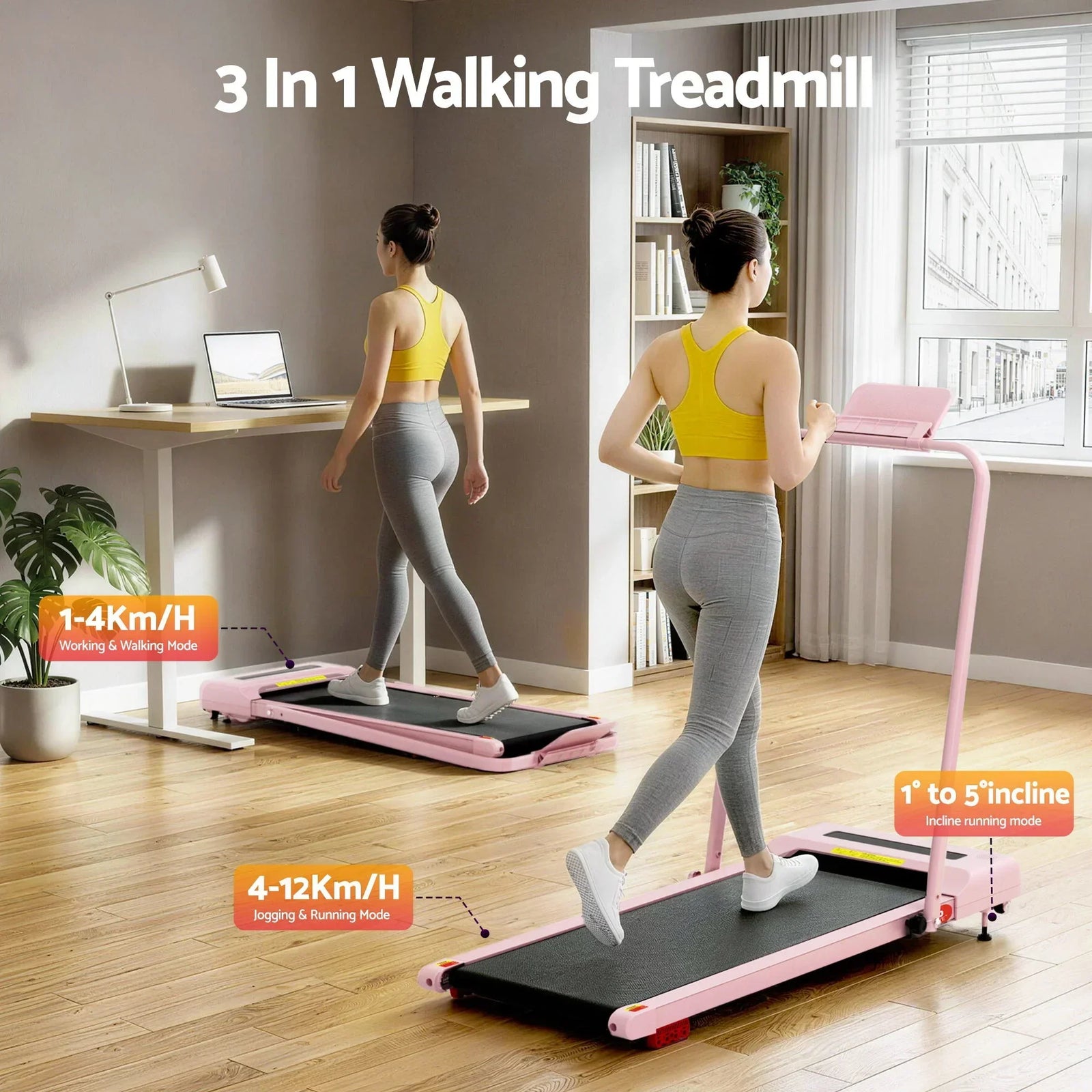 Treadmill Electric Walking Pad Incline Under Desk 380mm Pink