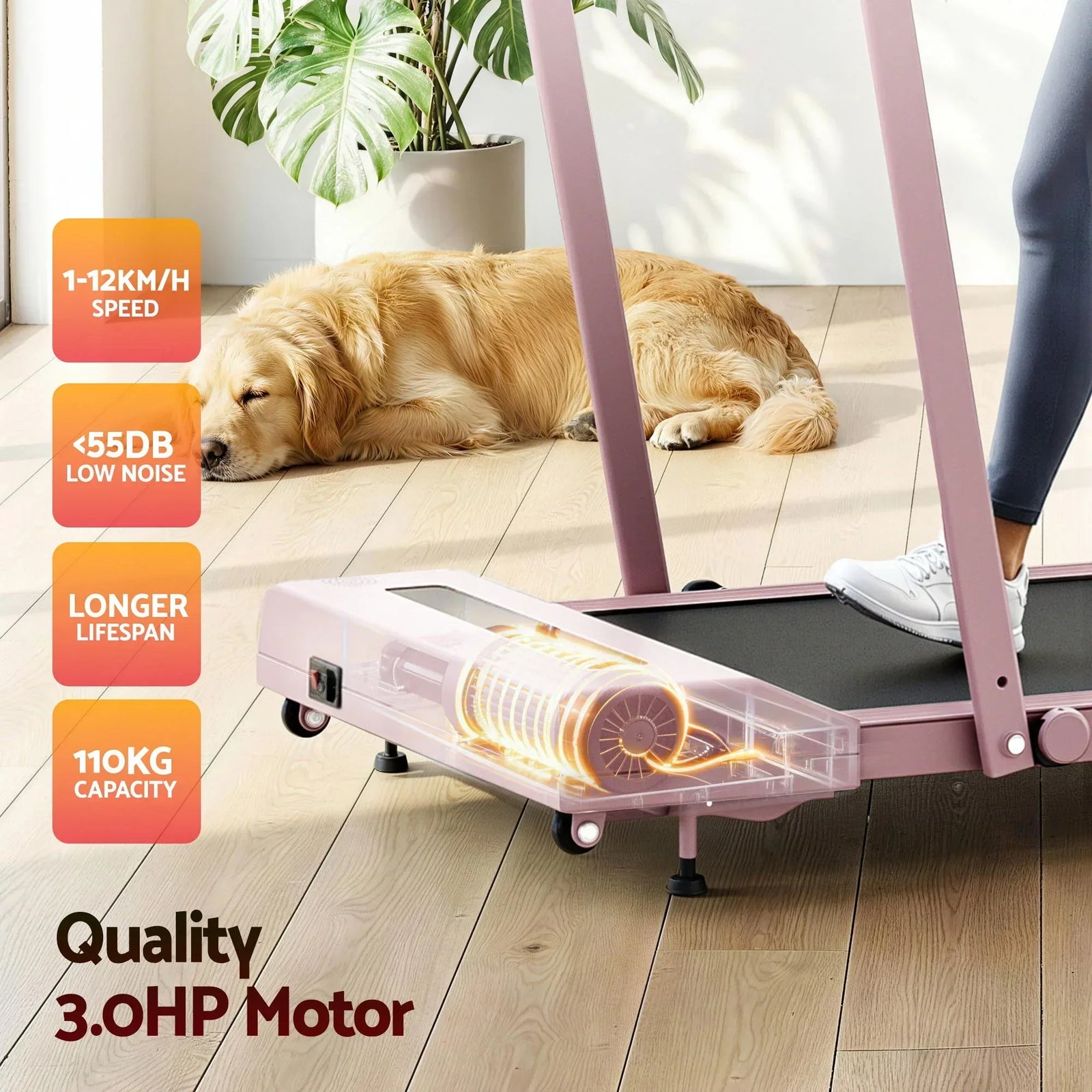 Treadmill Electric Walking Pad Incline Under Desk 380mm Pink
