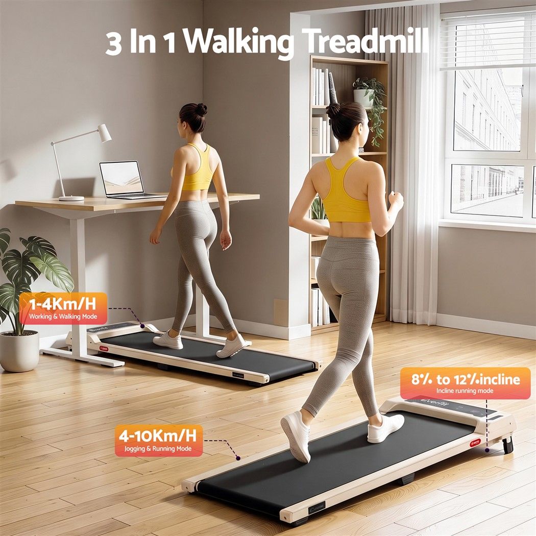 Everfit 3 in 1 Walking Pad Treadmill 12% Incline Under Desk Treadmills for Home Gym 40cmBelt Beige