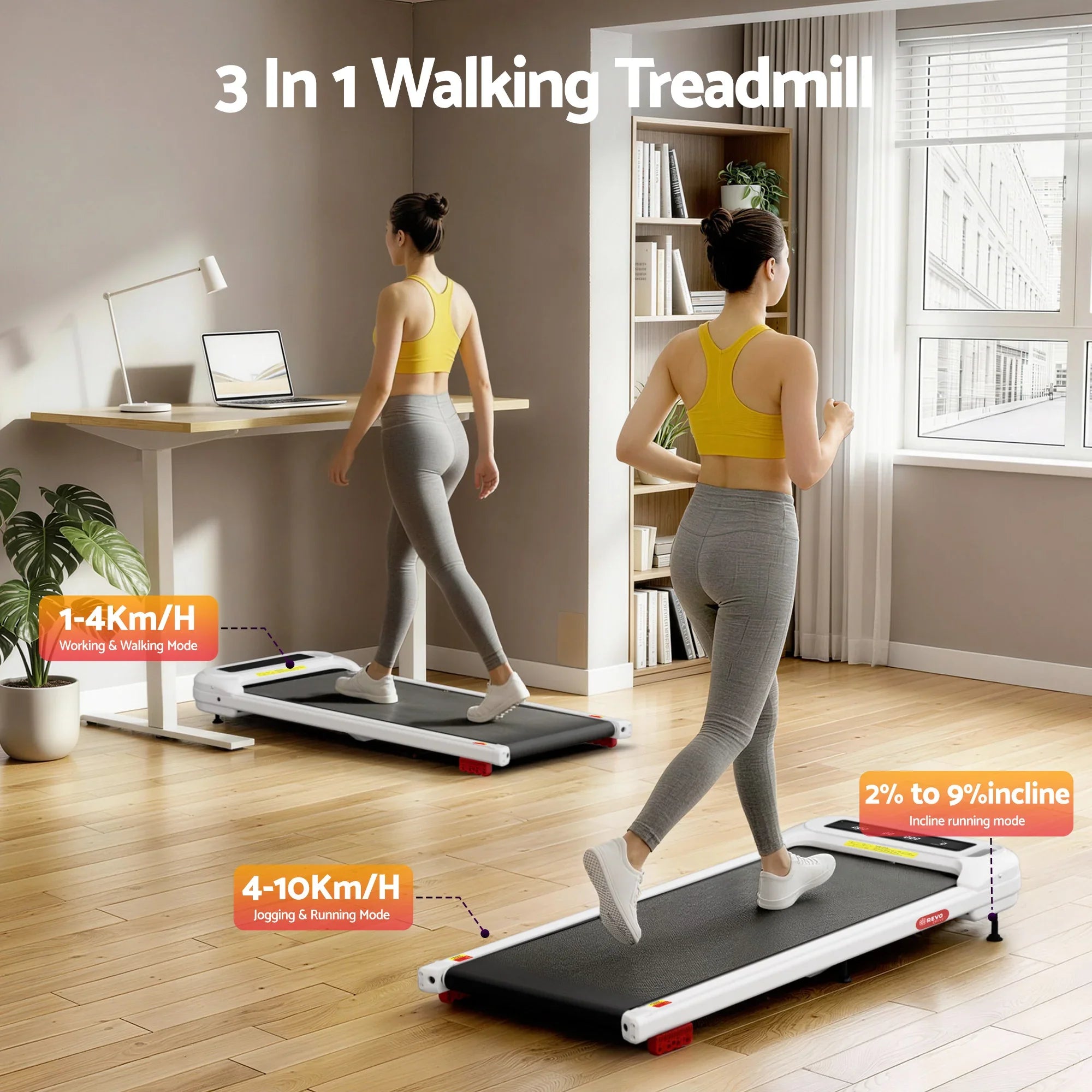 Walking Pad Treadmill – Under‑Desk w/ 3‑Level Incline & App Control, White
