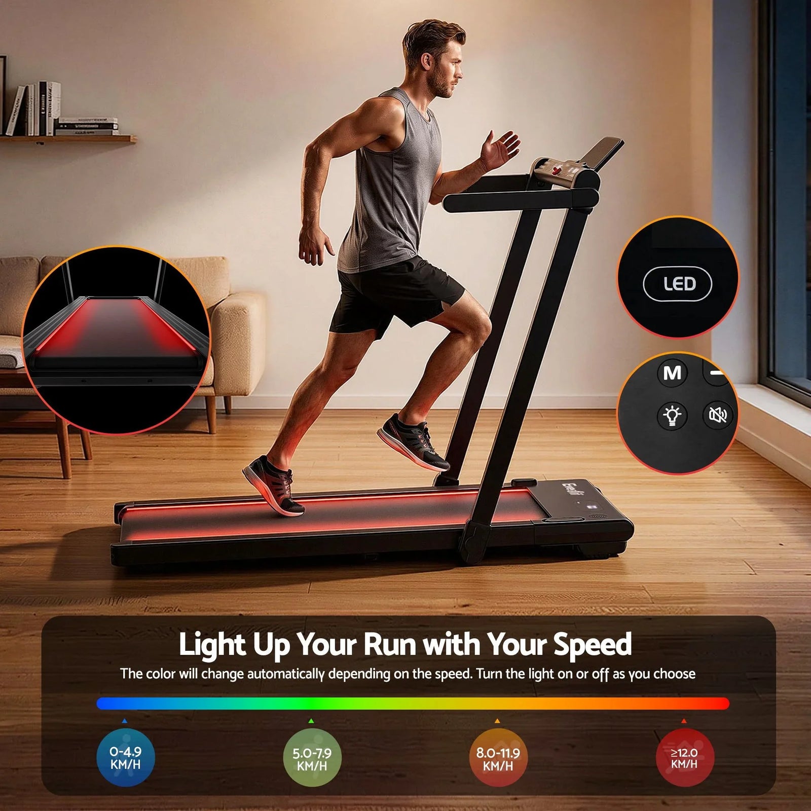 3 in 1 Walking Pad Treadmill With Led Lights Foldable Under Desk Treadmills for Home Gym 40cm Wide Belt Black