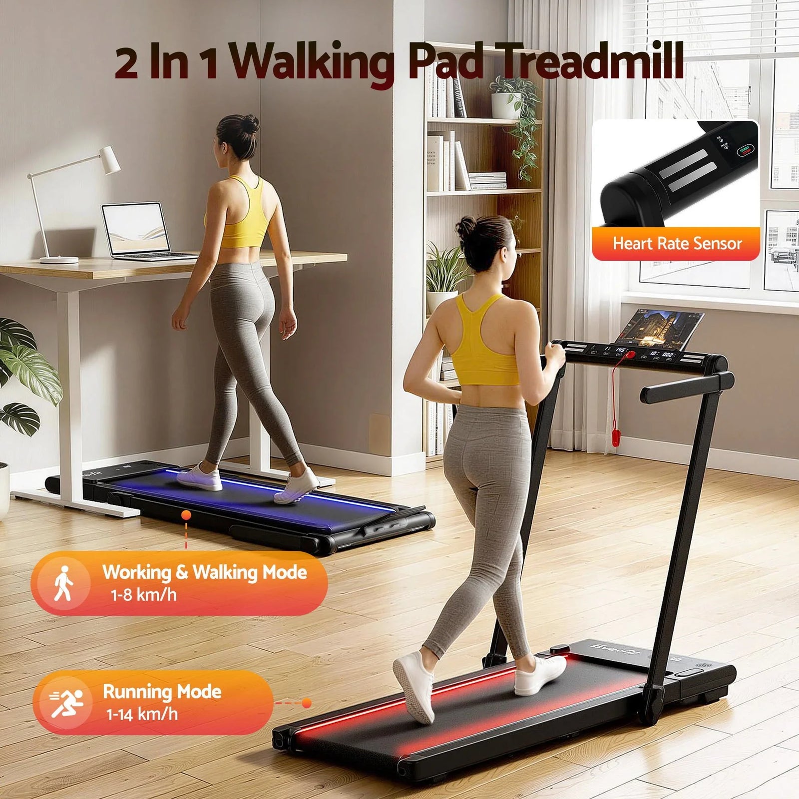 3 in 1 Walking Pad Treadmill With Led Lights Foldable Under Desk Treadmills for Home Gym 40cm Wide Belt Black
