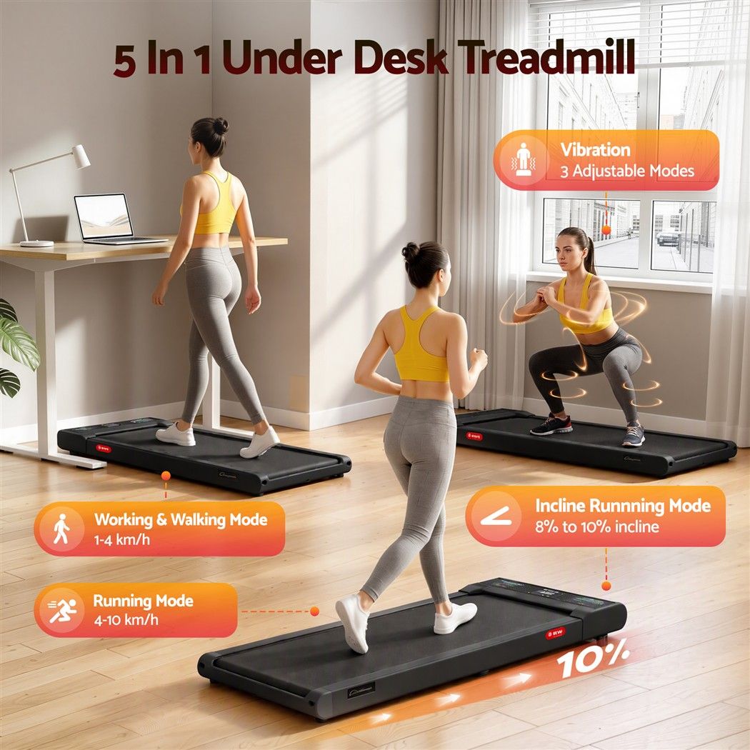 Everfit 5 in 1 Vibration Walking Pad Under Desk Treadmill 10% Incline 400mm Belt Home Gym Black