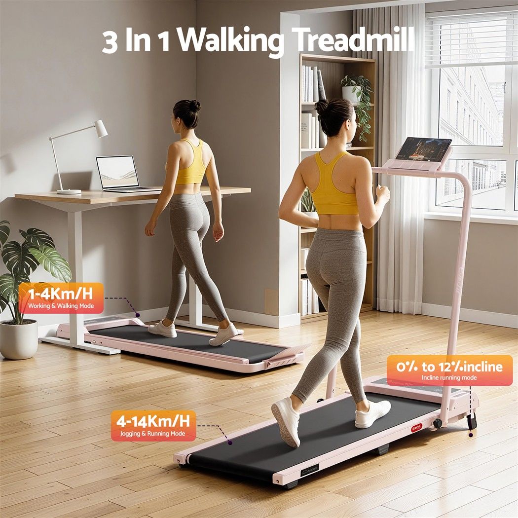 3 in 1 Walking Pad Treadmill 12% Incline Foldable Under Desk Treadmills for Home Gym With 40cm Wide Belt Pink