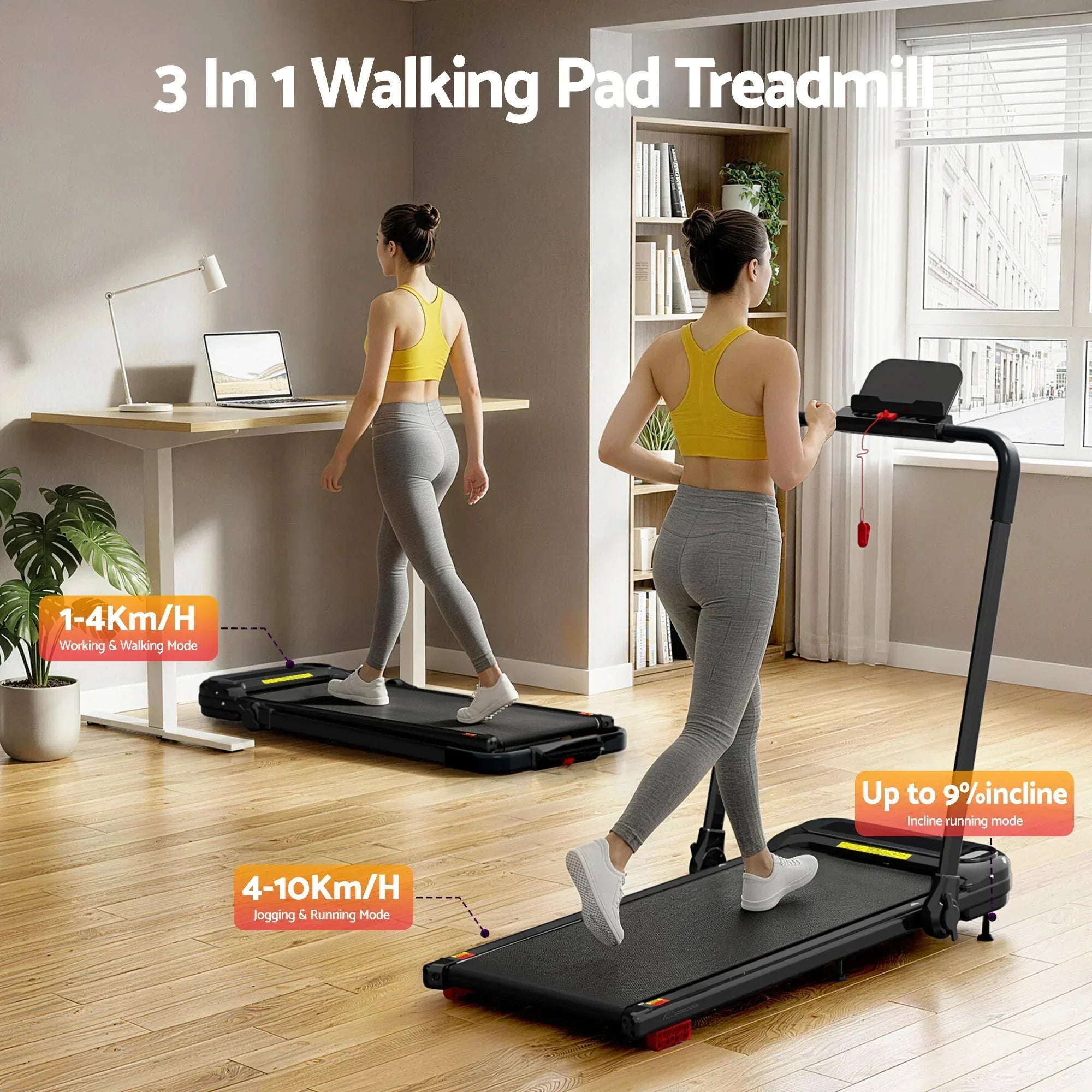 Treadmill Electric Walking Pad with Incline Foldable for Home Gym Black