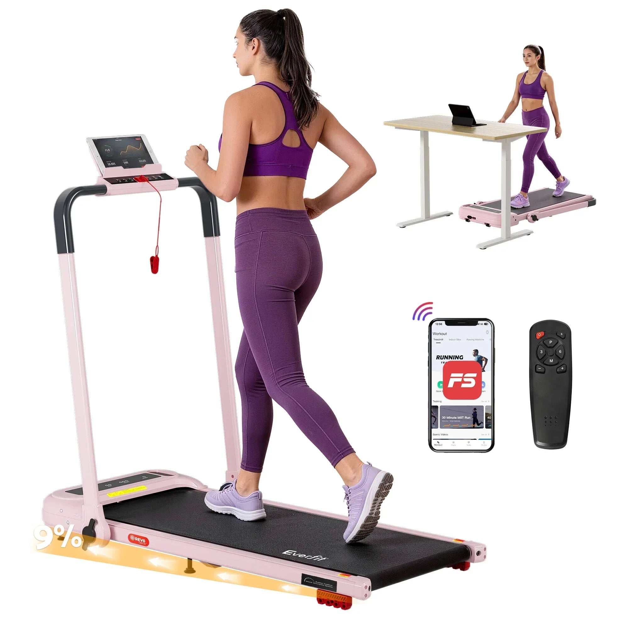 Compact Walking Pad Treadmill with Foldable Handle & App – Pink